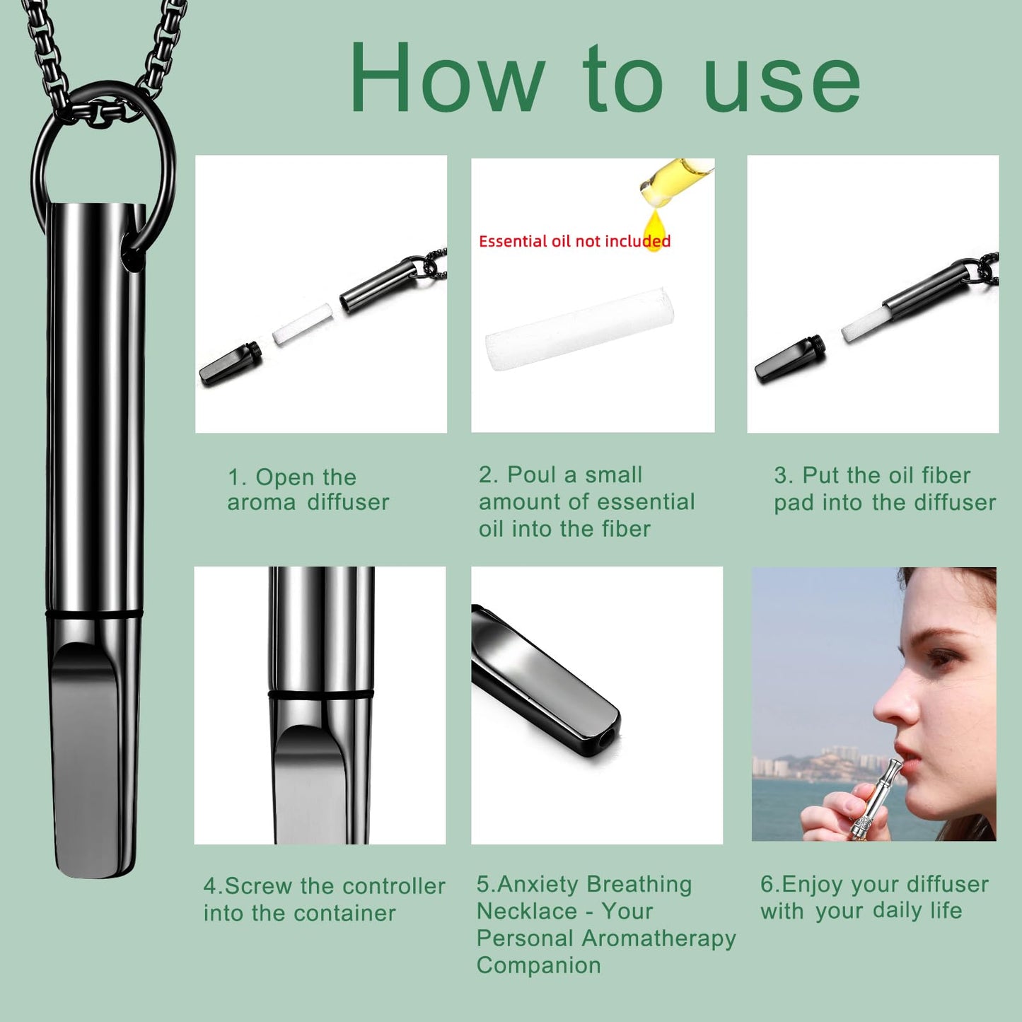 hooppoo Quit Smoking Necklace, Anxiety Relief Breathing Inhaler with Essential Oil Pad - Aromatherapy Diffuser Pendant for Smokers, Stainless Steel Necklace for Women & Men (Black)