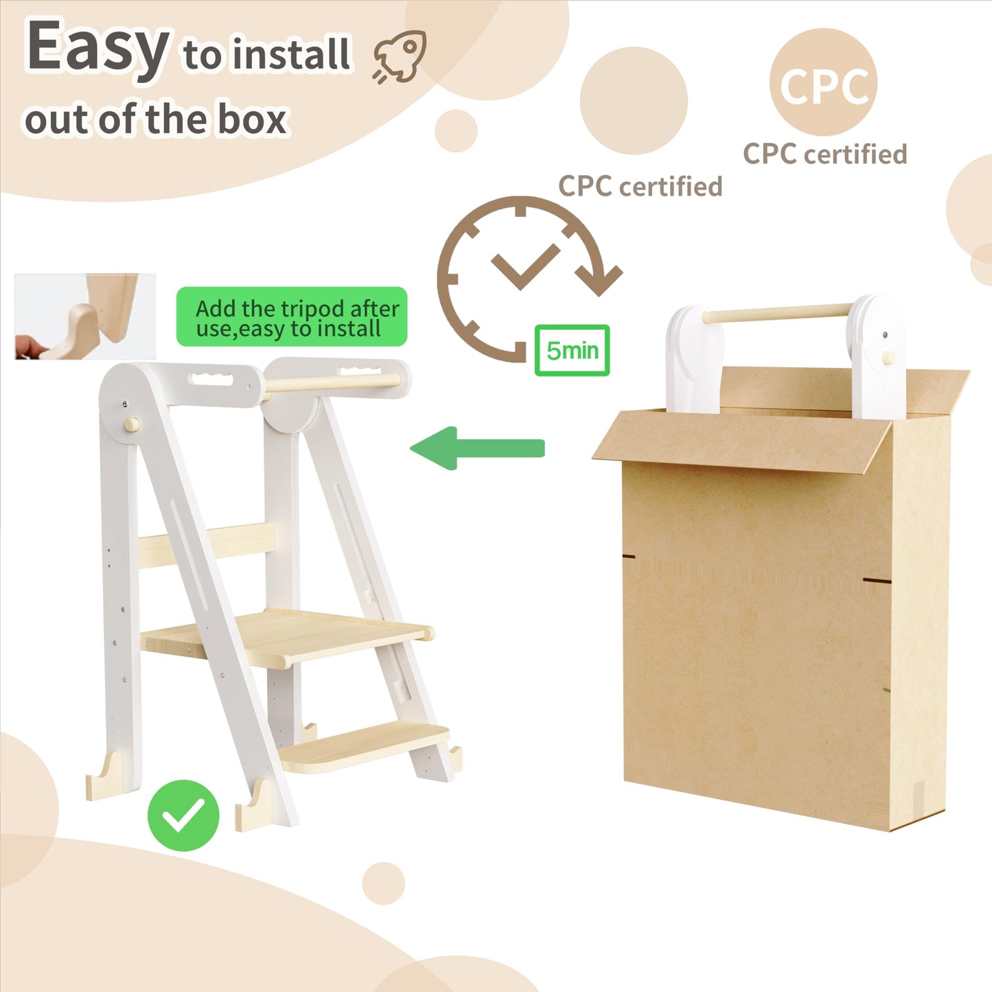Kids Kitchen Step Stool, Foldable Toddler Tower, Height Adjustable Toddler Standing Tower with Safty Rail and Anti-Slip Device, Wooden Stool for 1.5-6 Years (Wood Color-White)