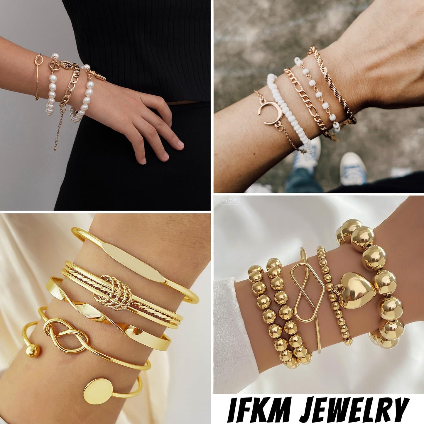 IFKM 6 PACK (28 PCS) Gold Chain Bracelets Set for Women, 14K Gold Plated Multiple Layered Stackable Open Cuff Bangle Bracelet Anklet Adjustable Link Tennis Beads Italian Cuban Jewelry for Women Gift