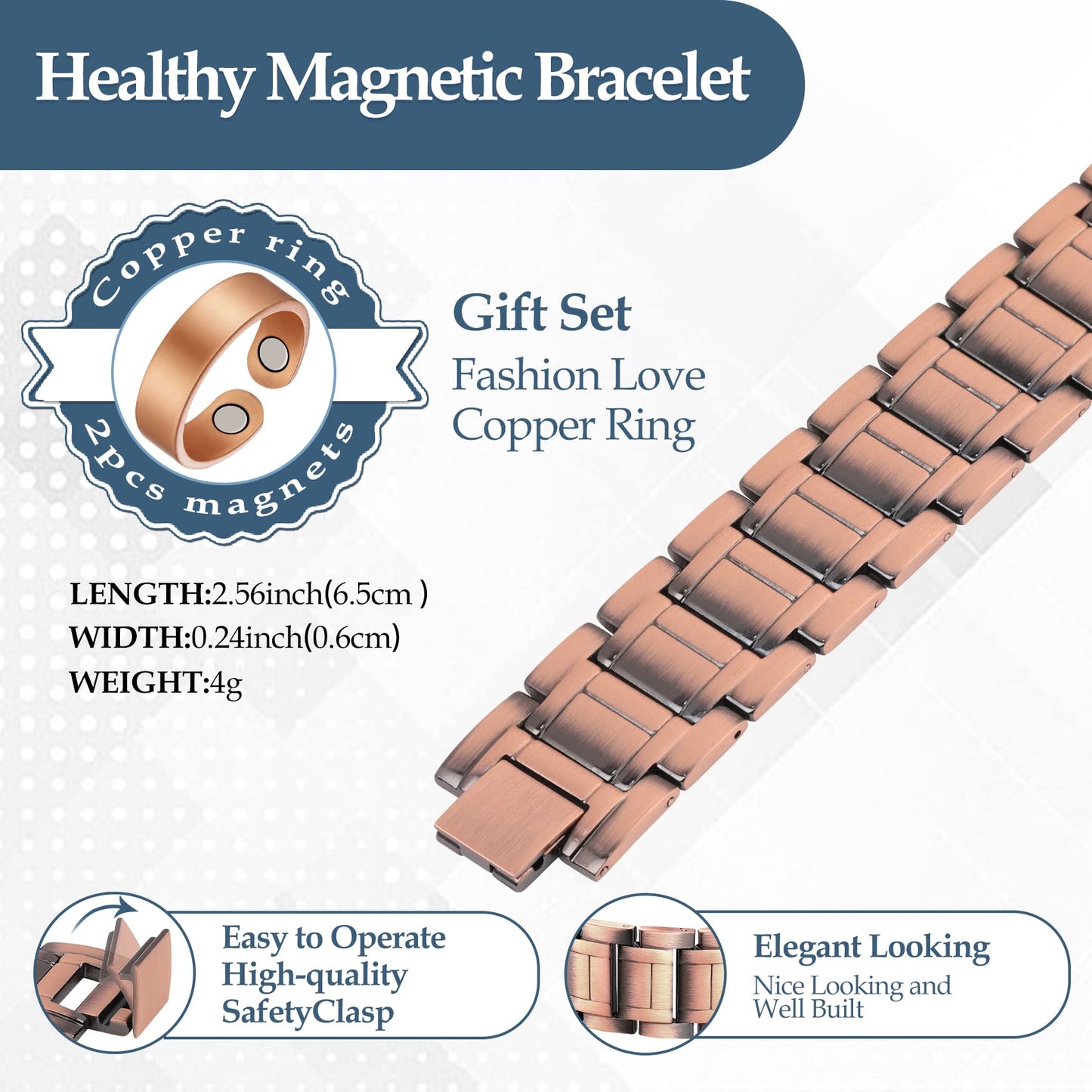 Jecanori 3X Magnetic Copper Bracelet for Men, Ultra Strength Magnetic Bracelet and Copper Ring Jewelry Gift Set with Adjust Tool