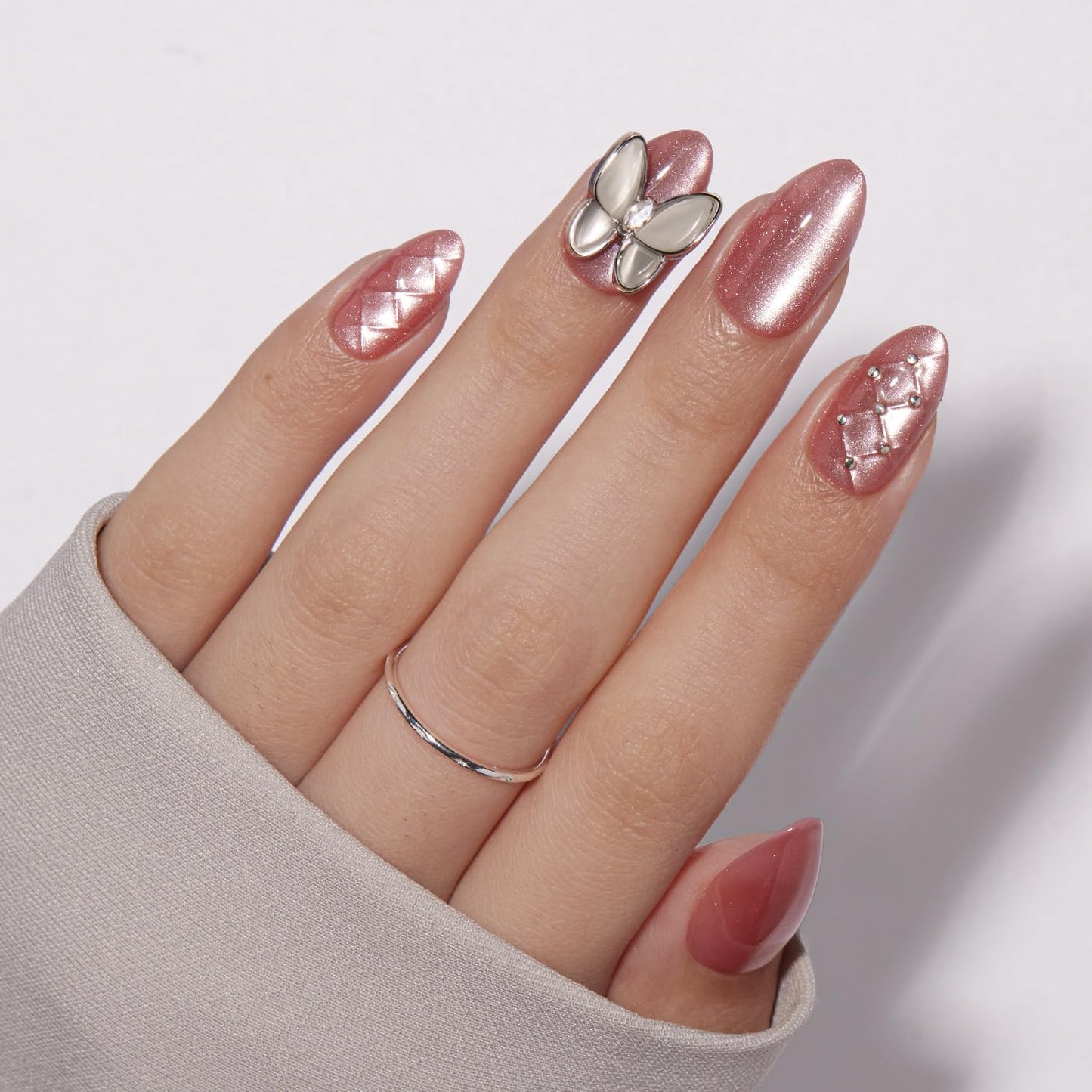 Press on Nails - Short Almond Pink Cat Eye Butterfly Nails & Blue Cat Eye - 2 Reusable Nails Kit (Nourishment Nails & Mini Pack) - 16 Sizes
