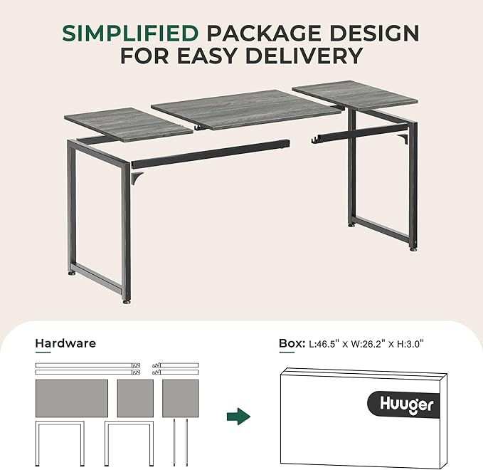 Huuger Computer Gaming Desk, 63 Inch Office Desk with Storage, Writing Work Surface for Home Office, Study, Modern Simple Style, Large Legroom, Metal Frame, Grey