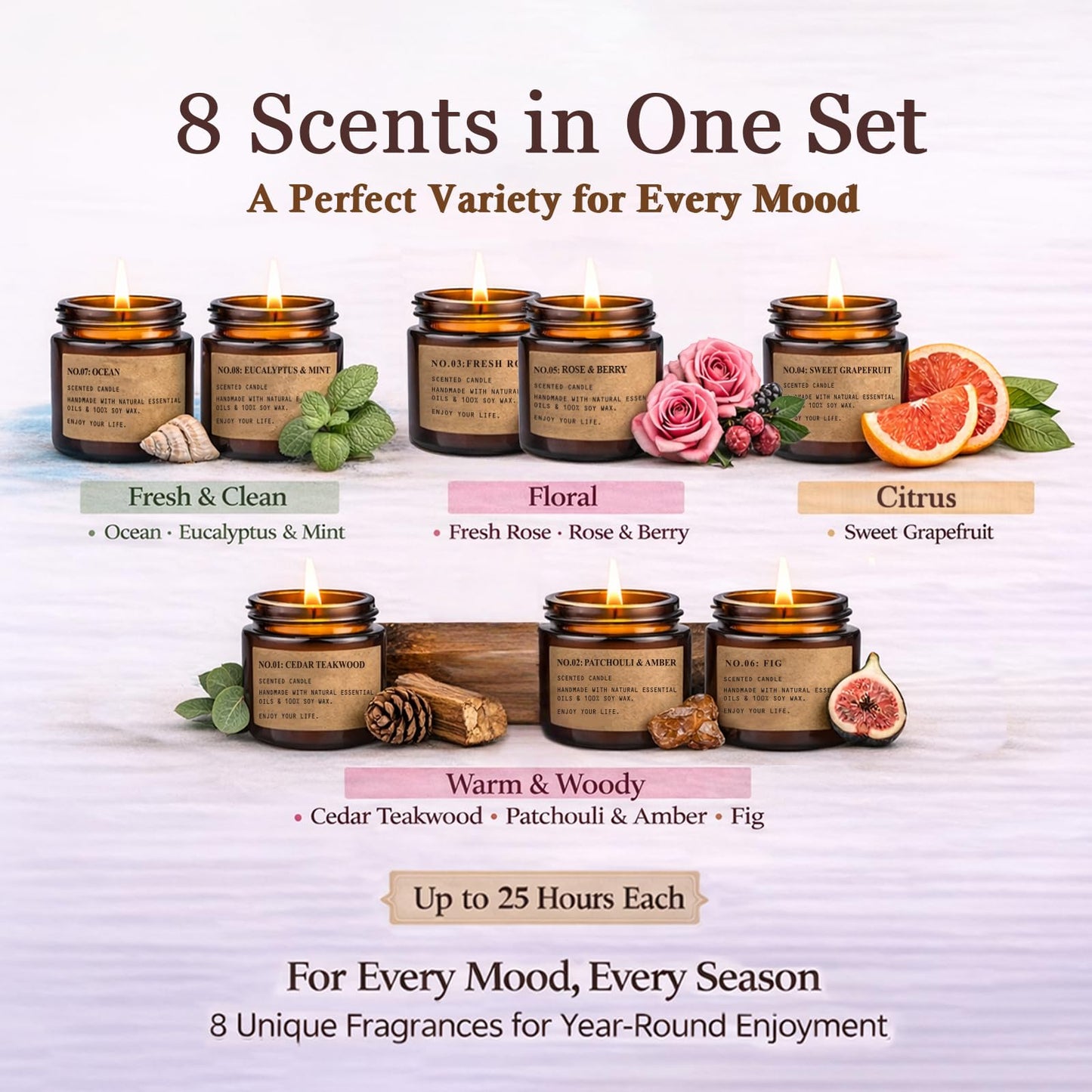 Scented Candles for Home, 8 Pack Soy Wax Candle Set, Aromatherapy Candles, Amber Jar Vintage Apothecary Style, 8 Scents Gift Set