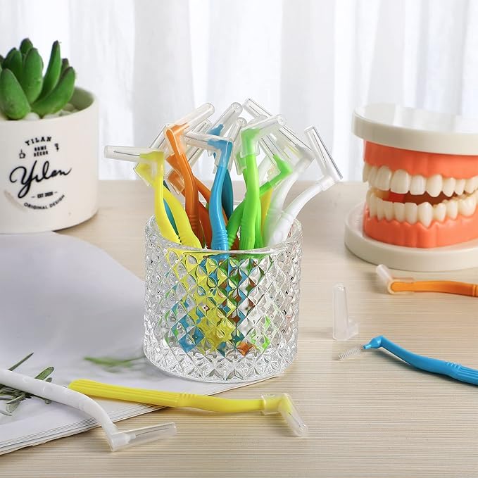 Honeydak 50 Pcs L-Shaped Interdental Brushes 5 Sizes Dental Braces Toothbrush Soft with Non-Slip Handle Angled Head Tooth Picks Floss Sticks Dental Floss Brushes for Oral Cleaning