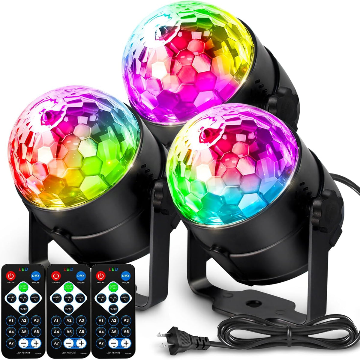 [3-Pack] Disco Ball DJ Party Lights Sound Activated with Remote Control Strobe Lamp 7 Modes Stage Light for Home Room Dance Parties Karaoke Halloween Christmas Birthday Decorations