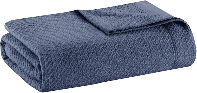 Madison Park Soft Certified 100% Egyptian Cotton Breathable Cozy Blanket, Premium Waffle Knit Classic Design Luxury All Season Lightweight Cover for Bed, Couch and Sofa, Twin, Blue
