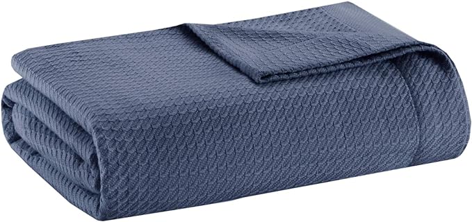 Madison Park Soft Certified 100% Egyptian Cotton Breathable Cozy Blanket, Premium Waffle Knit Classic Design, Luxury All Season Lightweight Cover for Bed, Couch and Sofa, Blue Full/Queen(90"x90")