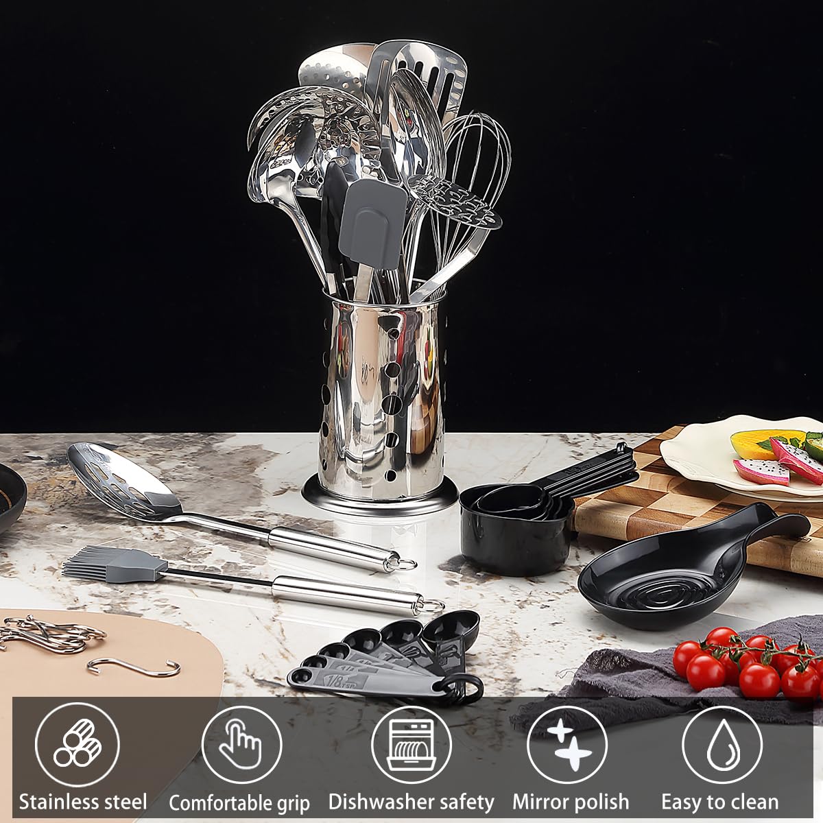 Reanea Kitchen Utensils Set, 39 Pieces Stainless Steel Cooking Utensils Set, Spoon Spatula Set with Sturdy Stainless Steel Utensil Holder, Dishwasher Safe