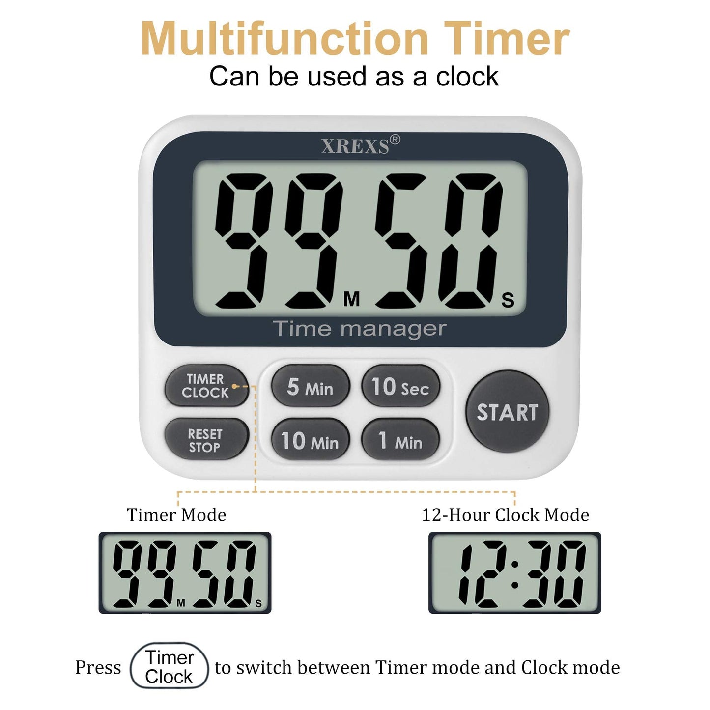 XREXS Digital Kitchen Timer, Magnetic Countdown Up Cooking Timer with Large LCD Display, Adjustable Volume, Loud Alarm & Strong Magnet for Teachers (Batteries Included)