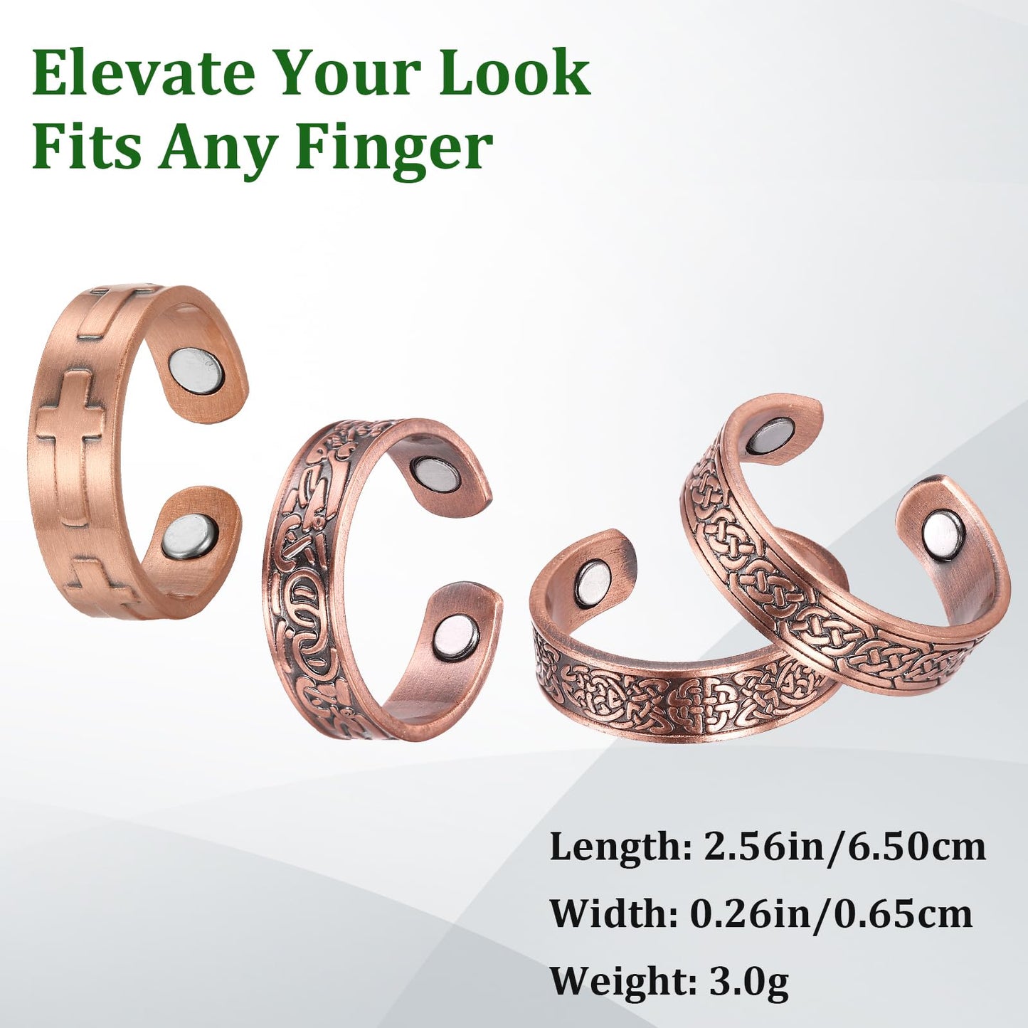Fashtour 4 Copper Rings for Men, 99.9% Pure Copper Magnetic Rings, Vintage & Cross Pattern Adjustable Cuff Ring
