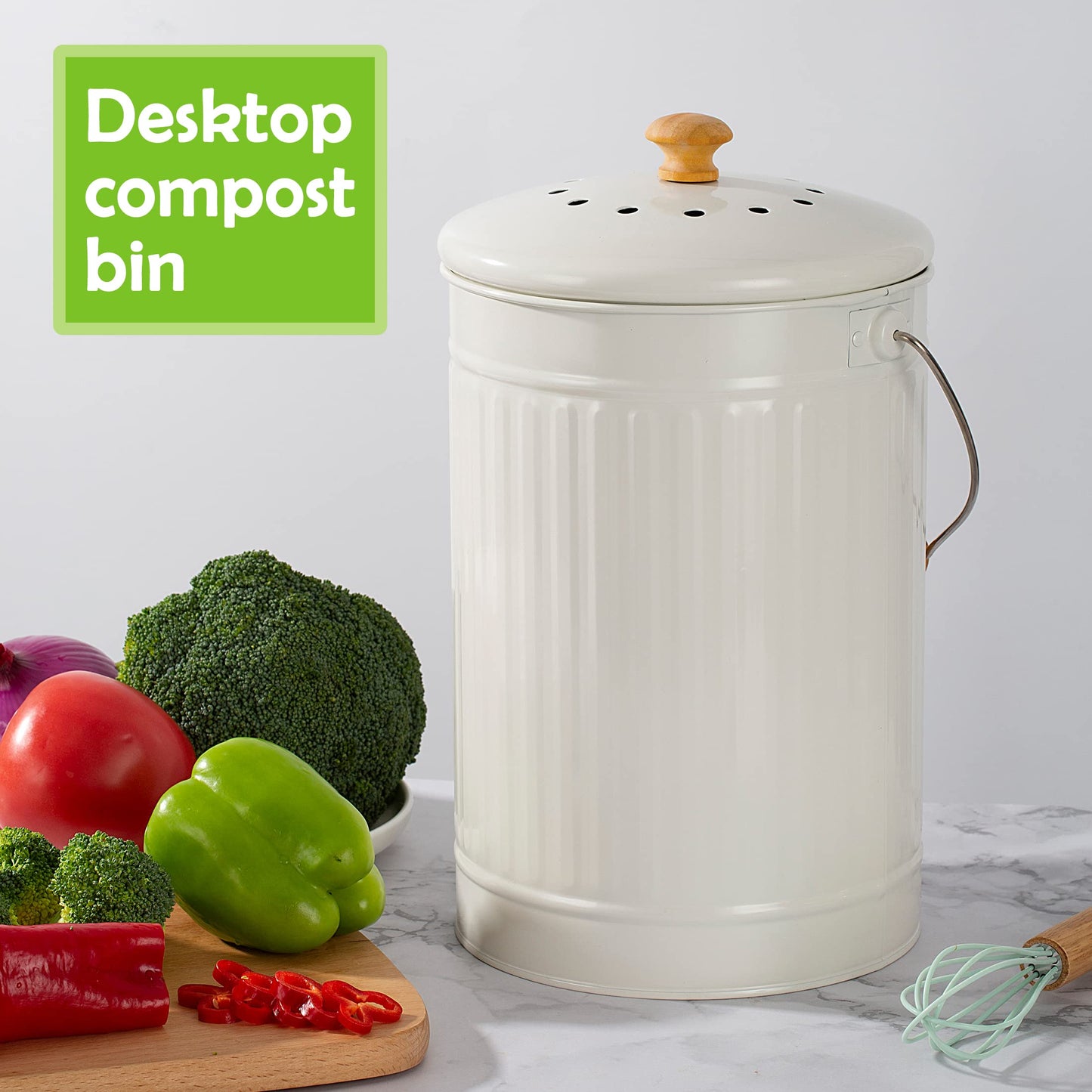 TreaHome 1.7 Gallon Kitchen Compost Bin, Indoor Countertop Compost Bin with Lid, 100% Rust Proof Compost Bucket with Non-Smell Charcoal Filters (White)
