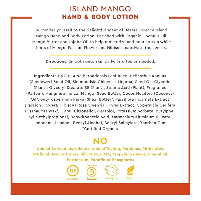 Desert Essence, Island Mango Hand & Body Lotion 8 fl. oz. - Gluten Free - Vegan - Cruelty Free - Mango Seed Butter, Passion Flower & Organic Shea Butter - Luscious & Rich - Tropical Island Scent