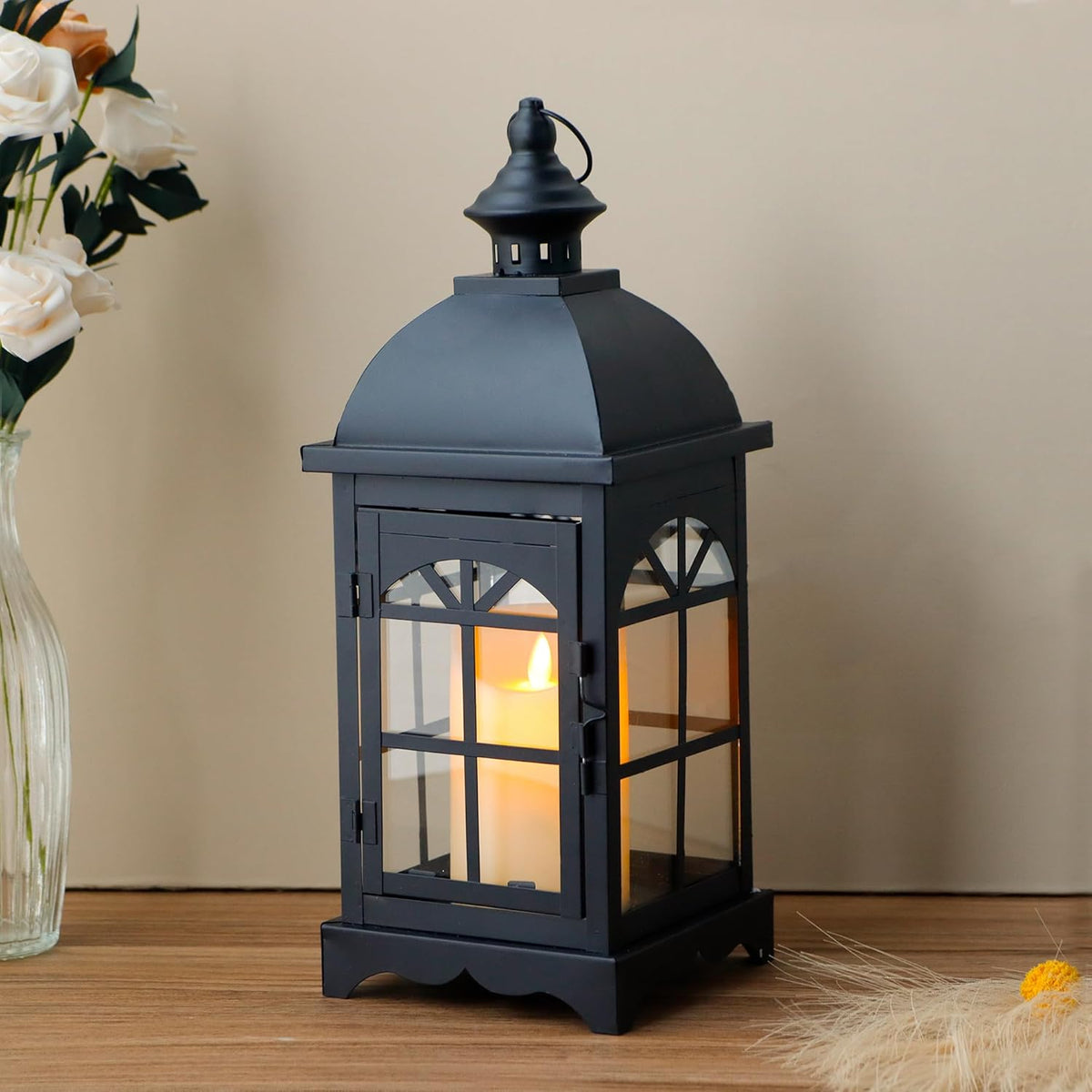 TRIROCKS Decorative Vintage Candle Lanterns 14.5" H Farmhouse Outdoor Hanging Lanterns with Tempered Glass for Porch, Balcony, Patio, Home, Centerpieces, Indoor, Outdoor(Black)