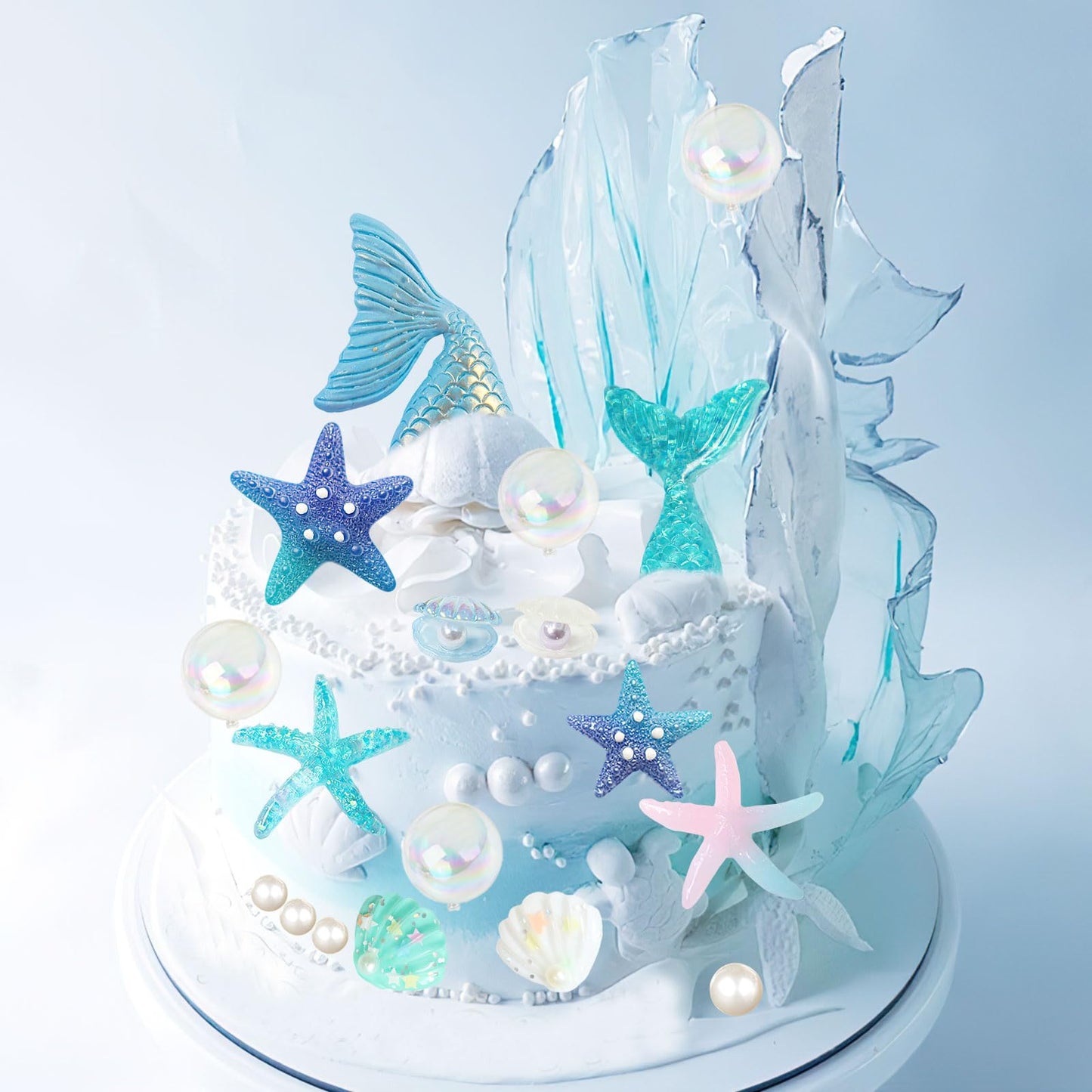 28pcs Sea Ocean Theme Birthday Cake Decoration Toppers Fishtail Starfish Shell Bubble Pearl Cupcake Decor for Under the Sea Theme Birthday Party Supplies