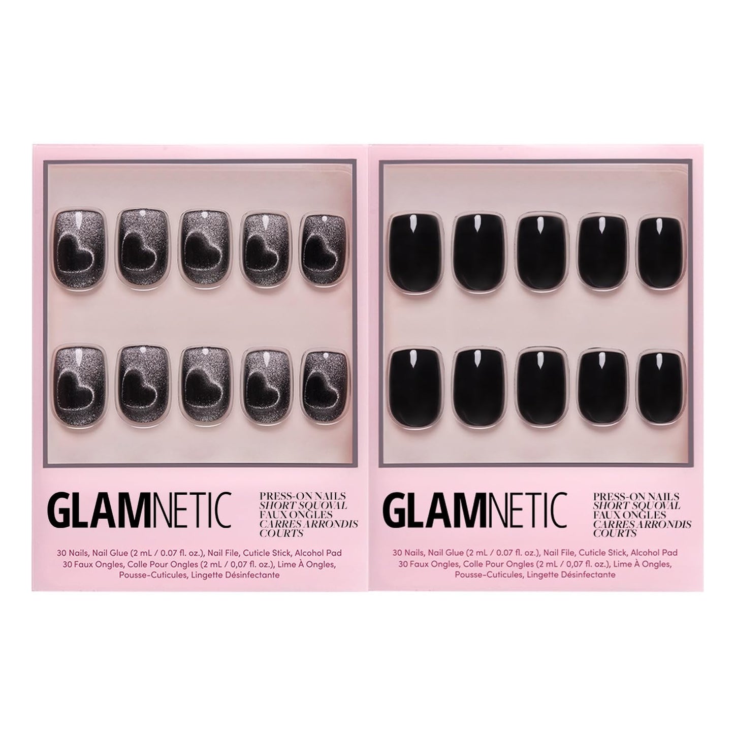 Glamnetic Press-On Nails Bundle - Midnight Romance & Jet Black | Short Squoval Black Fake Nails with Magnetic Cat-Eye Design | Short Squoval Black Fake Nails with a Glossy Finish | Durable, Salon-Qual