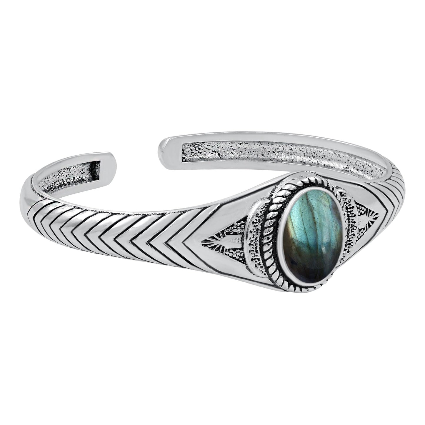Labradorite Cuff Bangle Bracelet for Men Women – Handmade 925 Silver Plated Adjustable Boho Jewelry – Natural Gemstone Elegant Statement Bangle – Christmas Gift for Him Her
