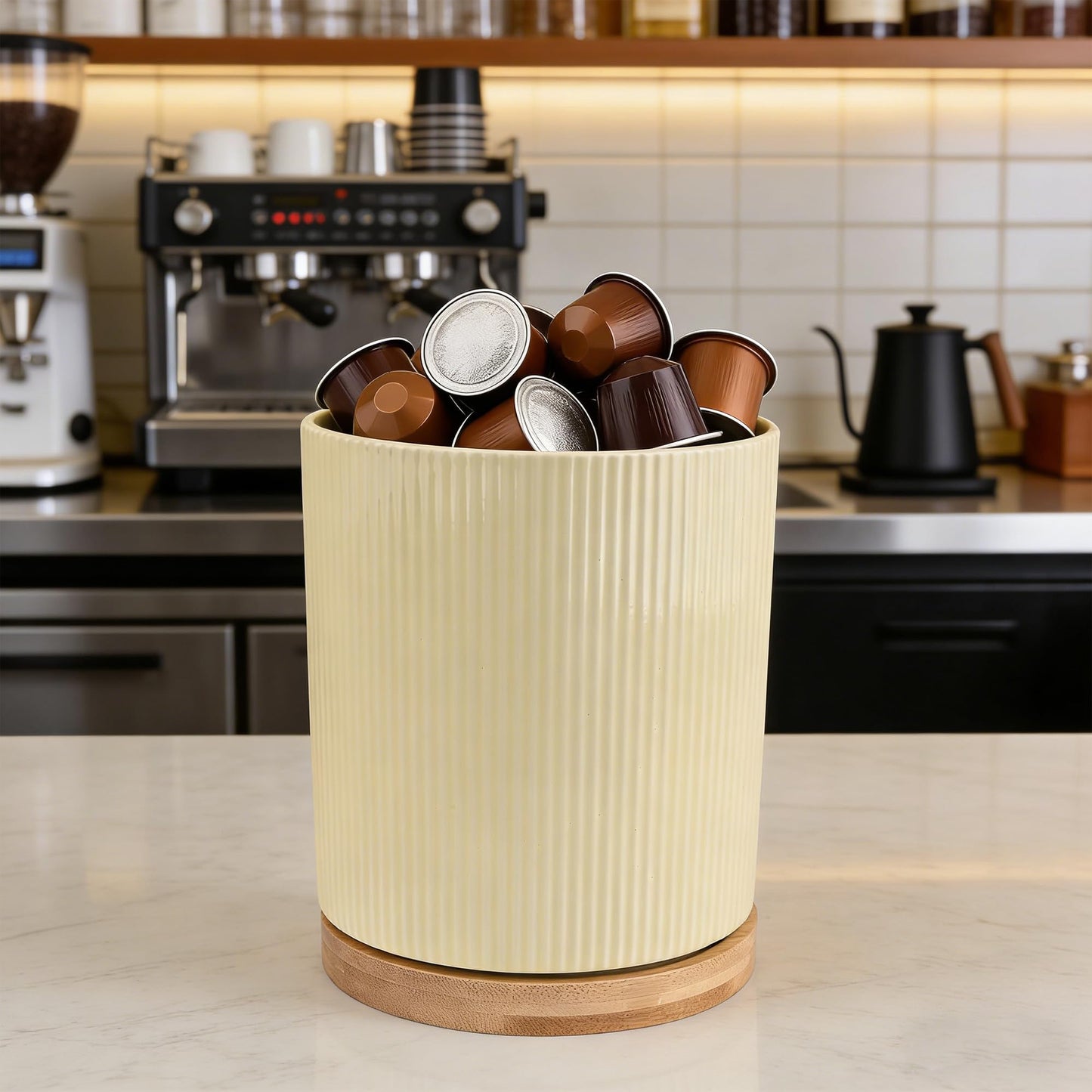 QUELIEN Utensil Holder, 360° Rotating Ceramic Kitchen Utensil Holder for Countertop, 7.7" Utensil Crock for Kitchen Counter with Rotatable Wooden Base,Ideal Housewarming Gift & Mothers Day Gift