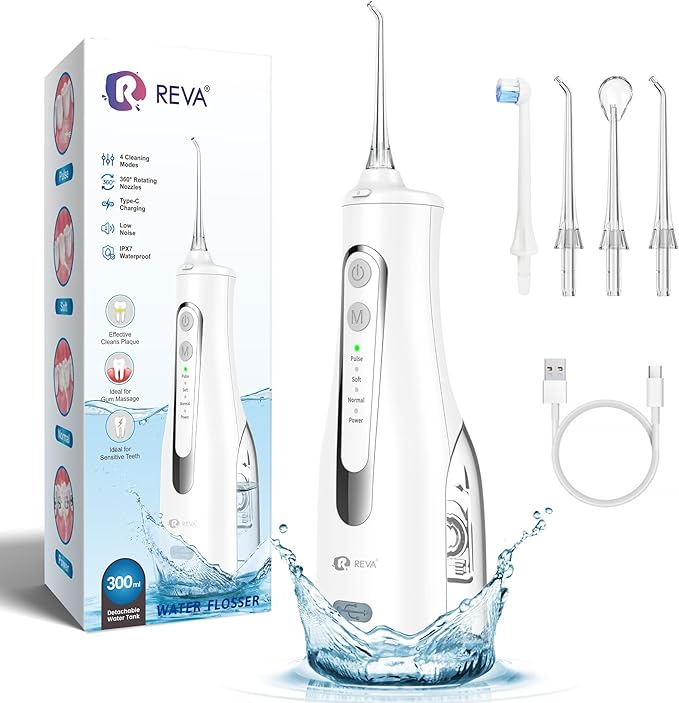 Cordless Oral Irrigator - 4 Modes Water Flosser for Teeth Cleaning, 300ML Reservoir, 360° Nozzle, IPX7 Waterproof, 2000mAh Rechargeable Battery, 4 Jet Tips, Smart Memory Function (M149 - White)