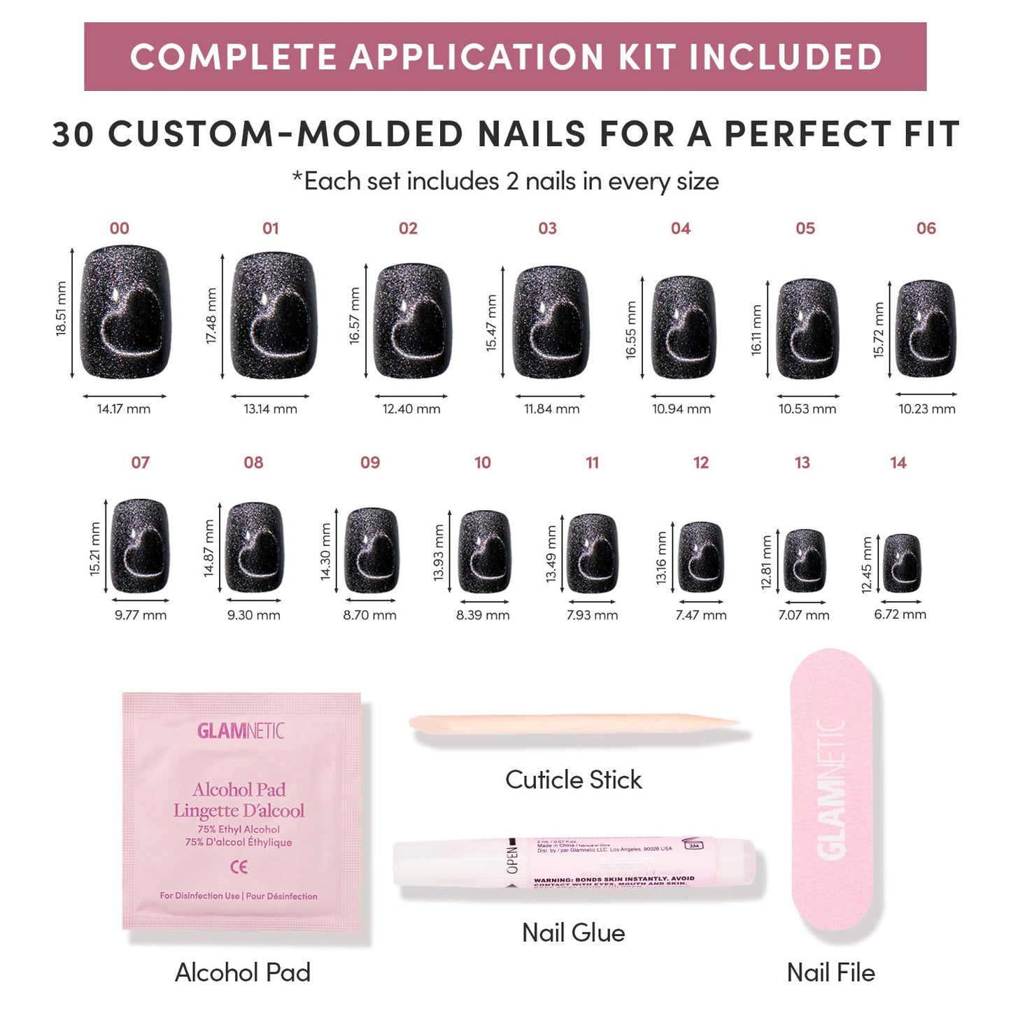 Glamnetic Press On Nails - Midnight Romance | Short Squoval Black Fake Nails with Magnetic Cat-Eye Design & Finish, Salon Quality | 15 Sizes - 30 Nail Kit with Glue