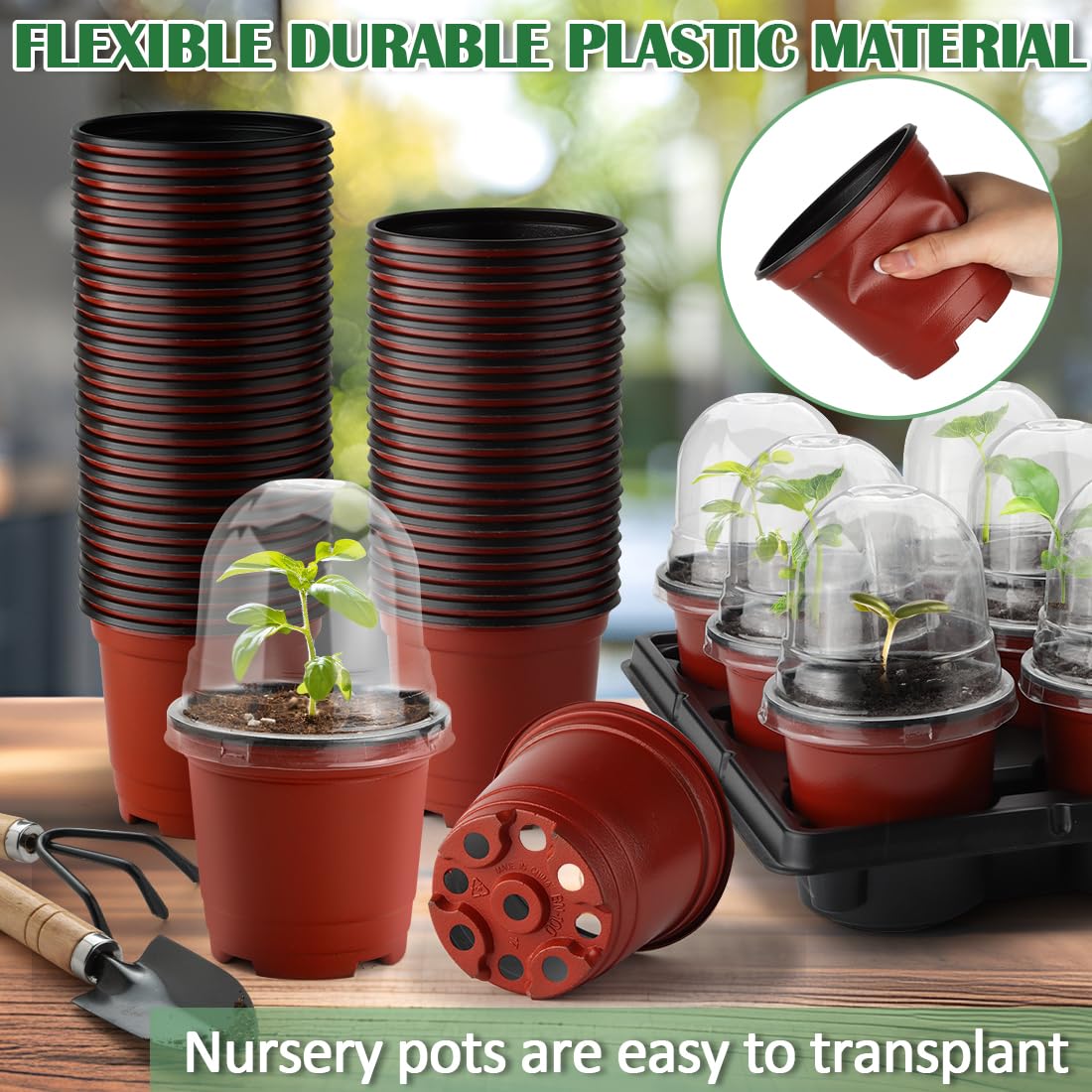 RooTrimmer 4 Inch 60 Pack Nursery Pots with Humidity Domes & 5 Pack 12 Cell Round Seedling Pot Carrying Trays, Sturdy Seeds Starter Pot Germination Set, Small Planter Nursery Propagation 5 Sets