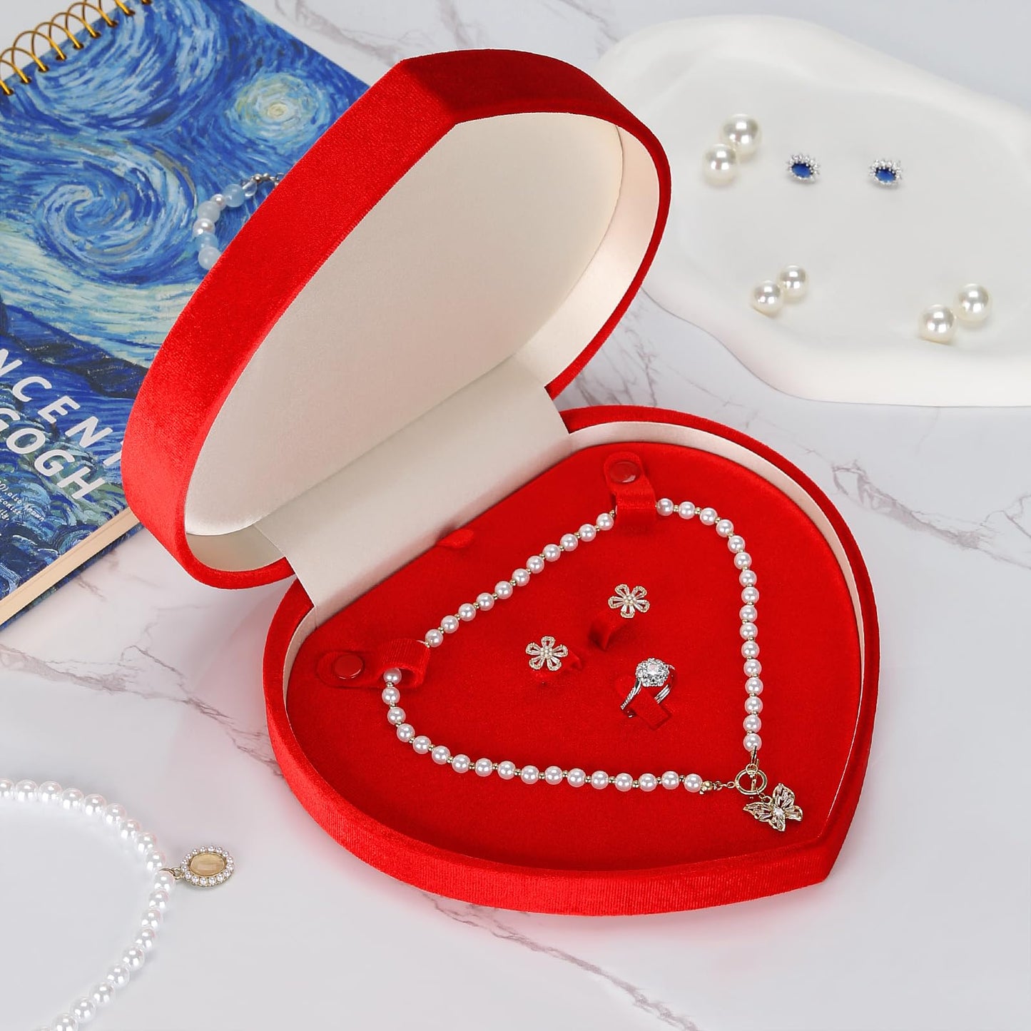 LETURE Large Jewelry Set Gift Box, Heart-Shaped Velvet Necklace Ring Earring Pearl Storage Organizer Holder Box (RED)
