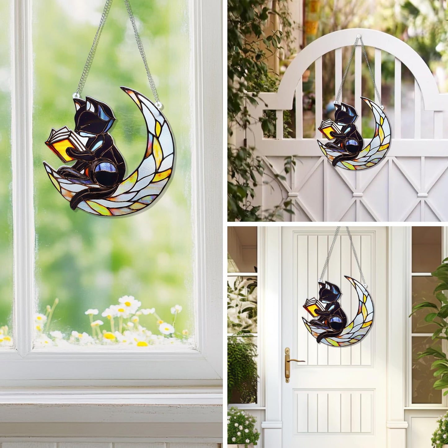 EOBROMD Stained Glass Window Hanging Suncatcher, Black Cat and Moon Double Side Glass Panel Sun Catchers, Handmade Decor Birthday Gifts for Women, Men, Mom, Couples and Lovers 7.8x7.8 inch