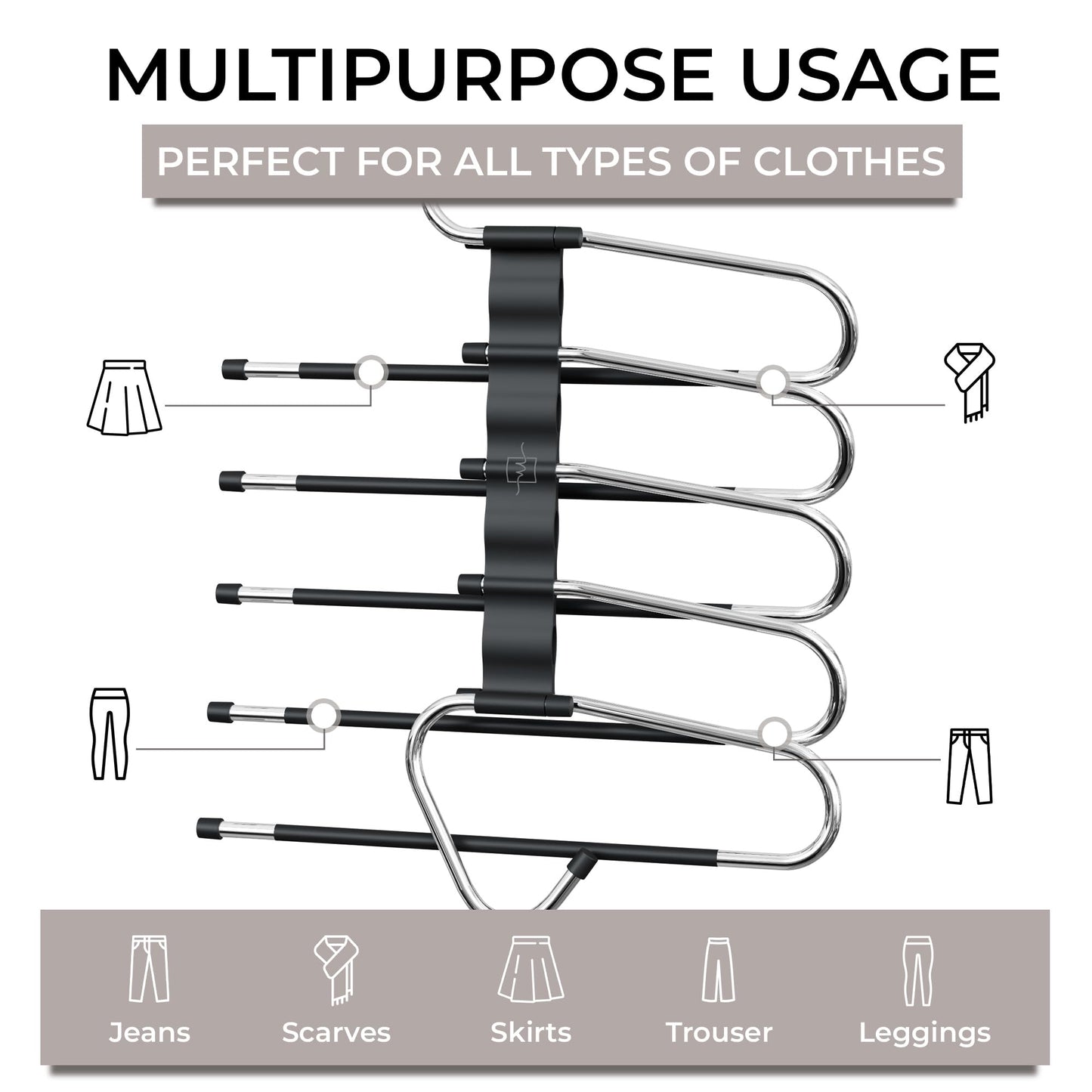 MORALVE Pants Hangers Space Saving - 2 Pack - Non-Slip Multi-Layer Space Saving Hangers - Multifunctional Clothing Rack for Closet Storage - Ideal for Jeans, Trousers, Skirts, Scarves & Slacks (Black)
