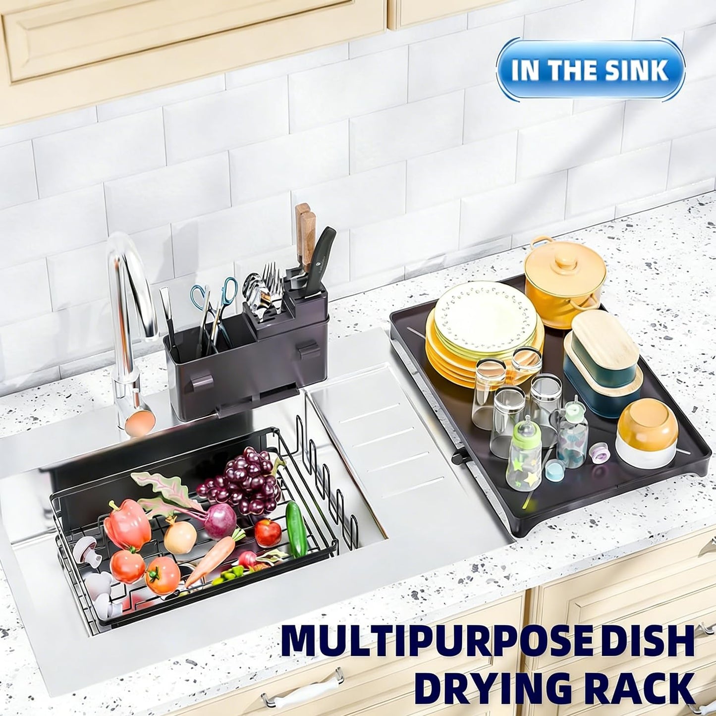 Simple Trending Dish Drying Rack, Dish Drainer for Kitchen Counter, Dish Rack with Tray for Large Capacity, Black