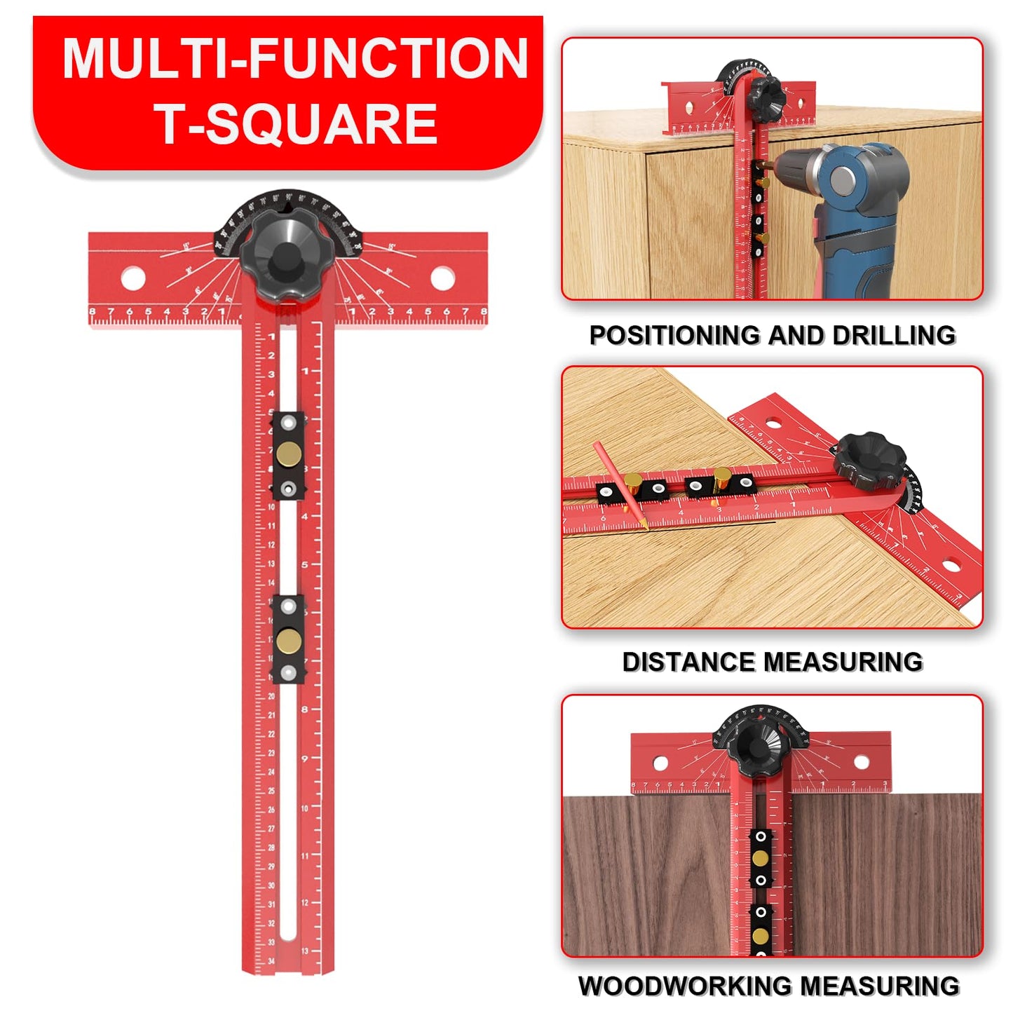 OKcedier Woodworking T Square Ruler, Precision Drilling Positioning Measuring Tools, Adjustable Aluminum Alloy Sliding 13.5 Inch T-Square Ruler with Angle Adjustment for Carpenter Work and Architect