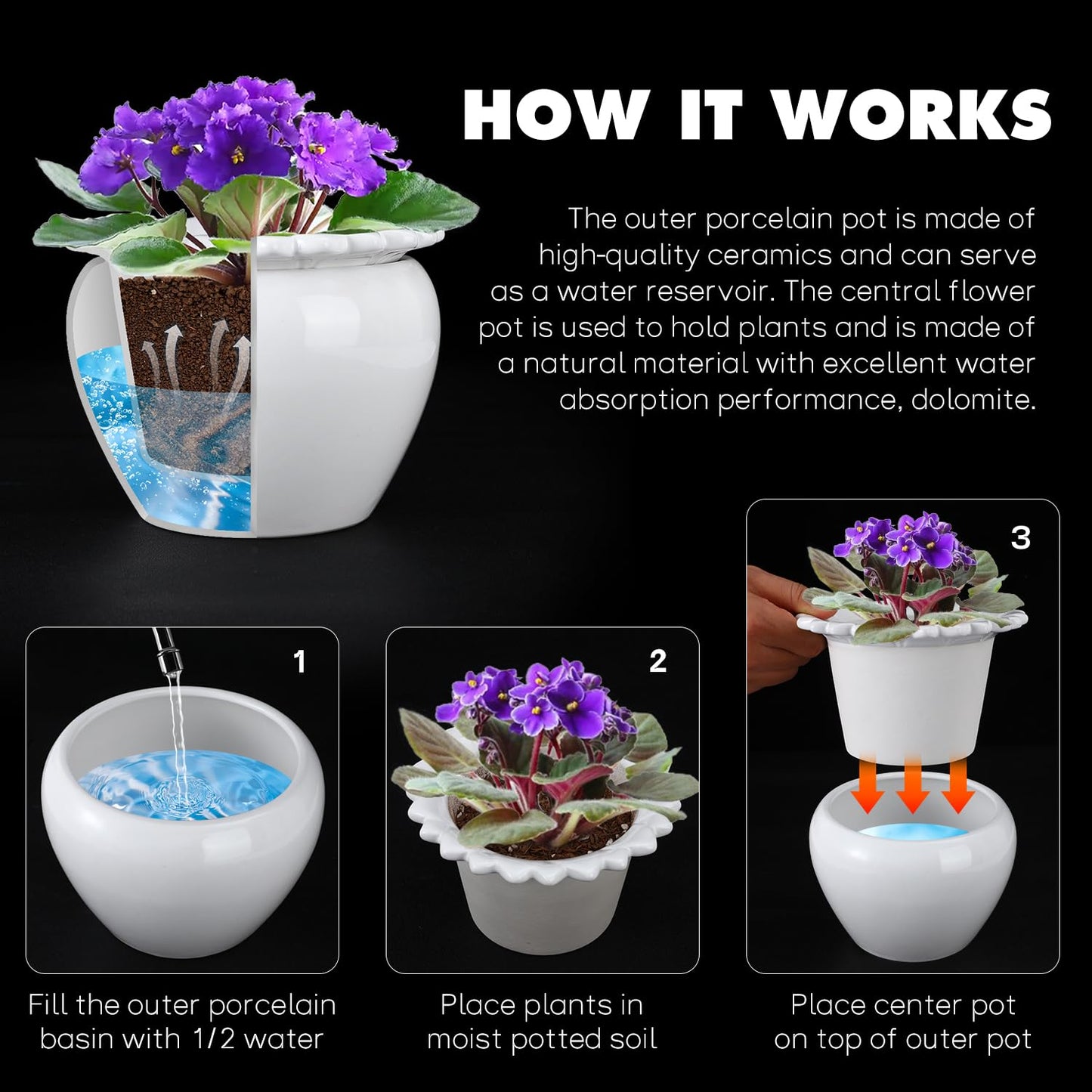 Lovely Ran Self Watering Plant Pot African Violet Pots Ceramic 6.5 * 4.6 * 4 inch White for Indoor Flowers and Plants Simple Plant Self Watering Pot Modern Decor Pots Efficient Absorption Water