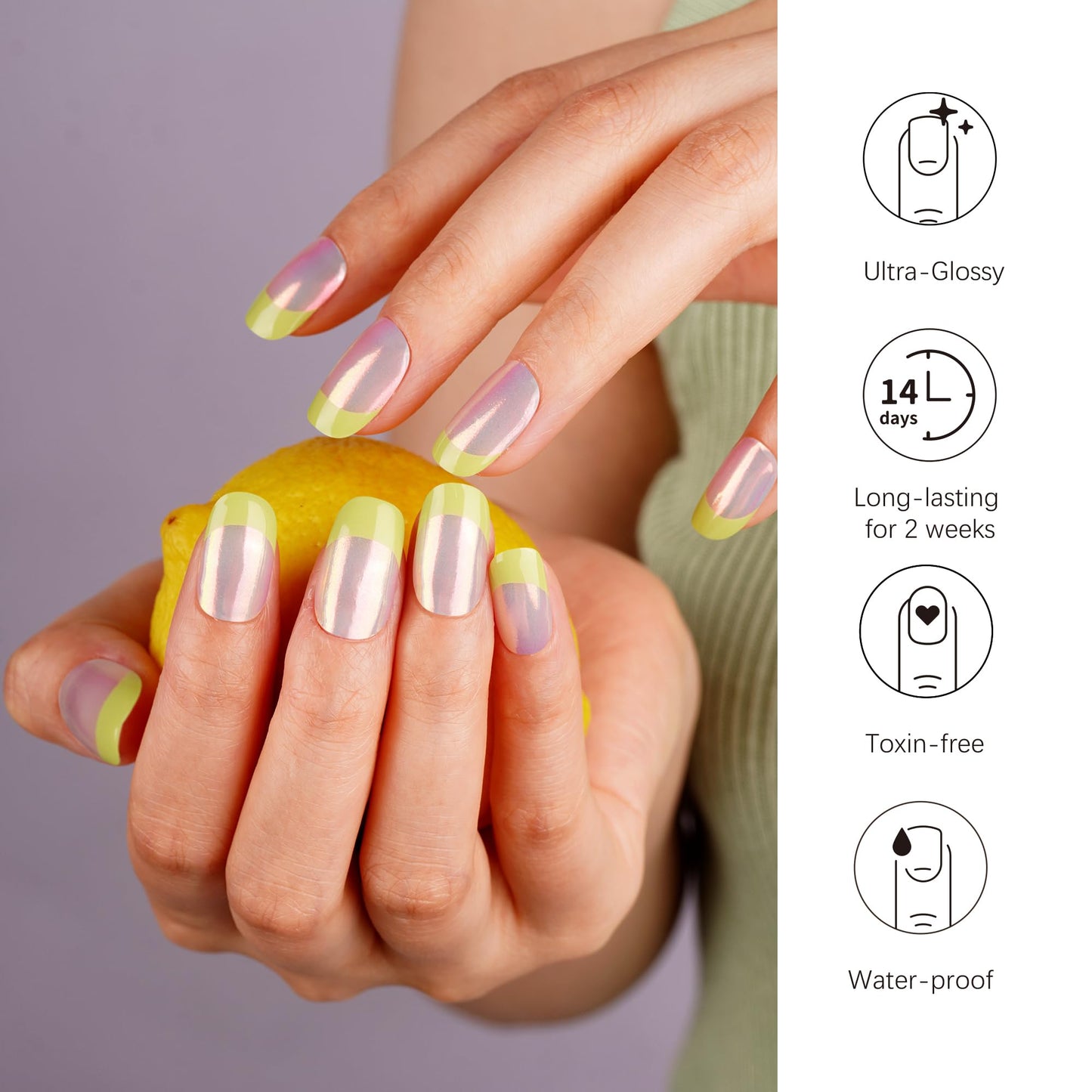 DANNI & TONI Semi Cured Gel Nail Strips Neon Green French Tips Aurora Gel Nail Wraps Mirror Nails 28 Stickers | Neon Petal