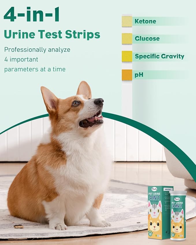 Pawfly Urine Test Strips, 100 Strips, Pet Urine Testing Strips for Ketone, Glucose, Specific Gravity & pH, Urinalysis Test Strips for Vets