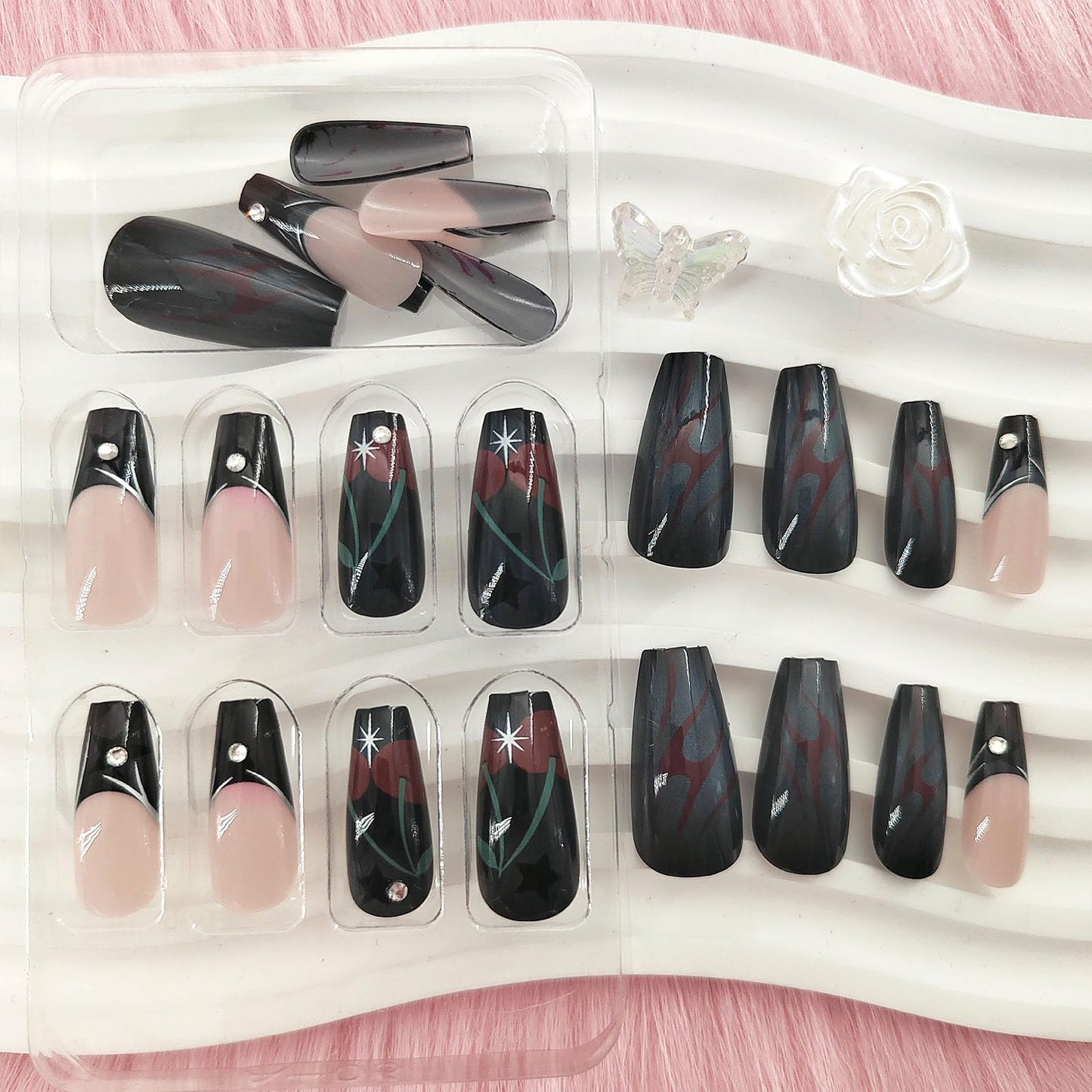 Black Press on Nails Medium French Tip Fake Nails with Glue Goth Rose Stars Designs Glue on Nails Medium Length Black Full Cover Acrylic False Nails Press ons for Women 24 Pcs