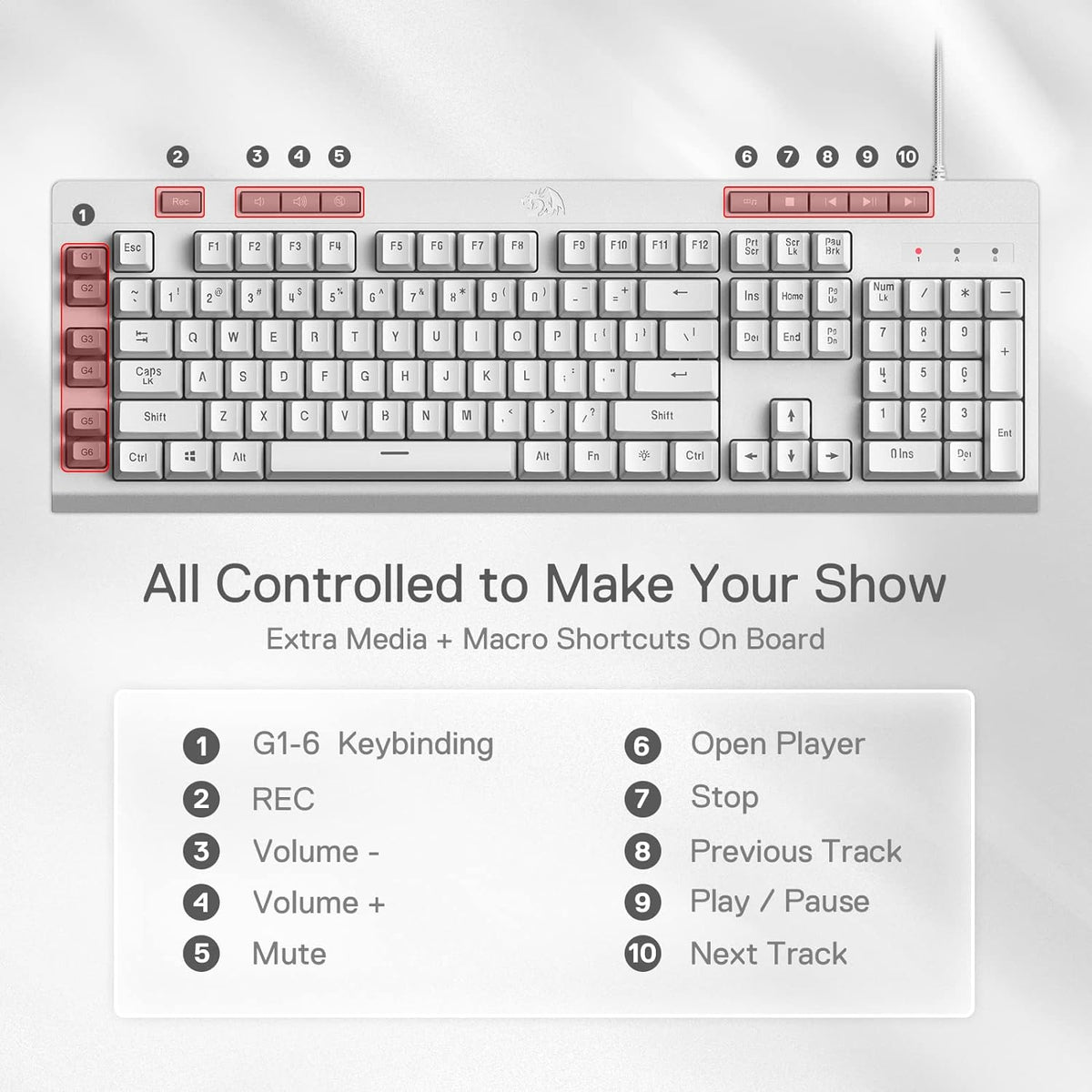Redragon K512 Shiva RGB Backlit Membrane Gaming Keyboard with Multimedia Keys, Linear Mechanical-Feel Switch, 6 Extra On-Board Macro Keys, Dedicated Media Control, Detachable Wrist Rest, White