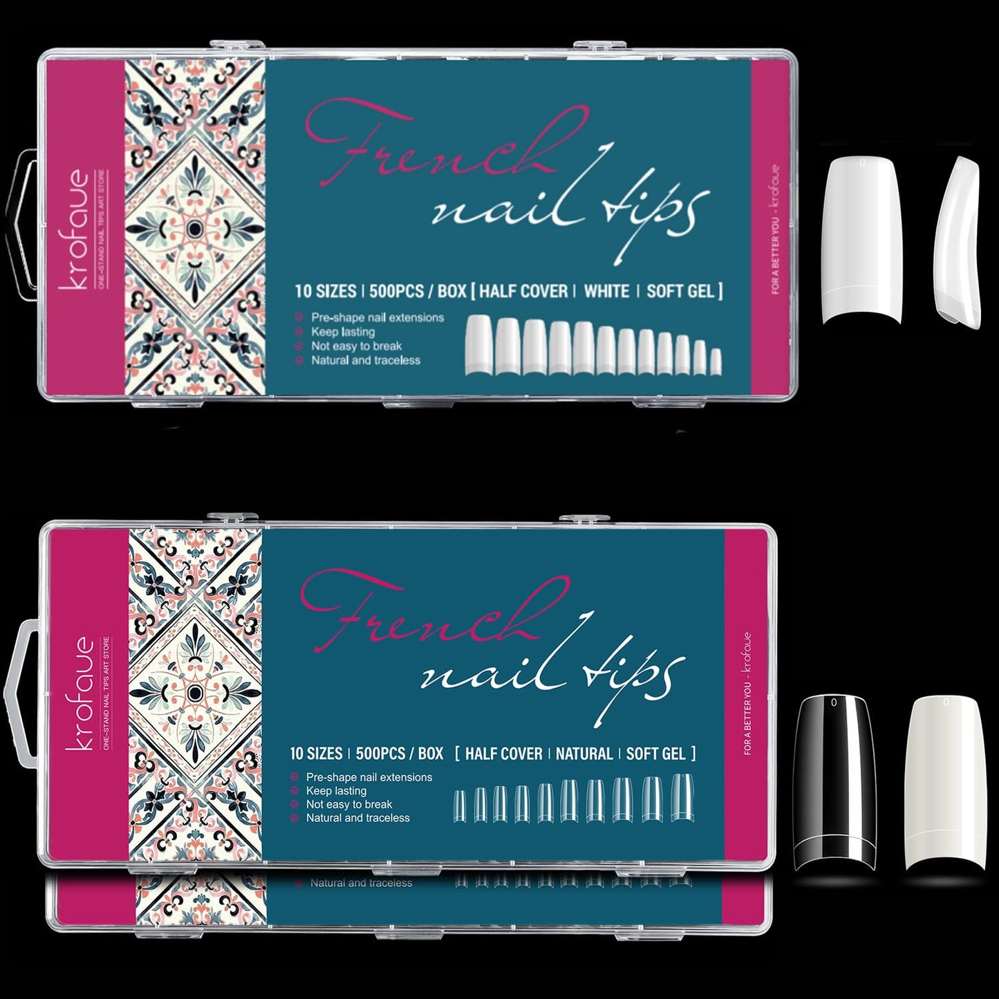 krofaue 1000PCS Nail Tips Lady French Style &500PCS False Nails Tips Lady French
