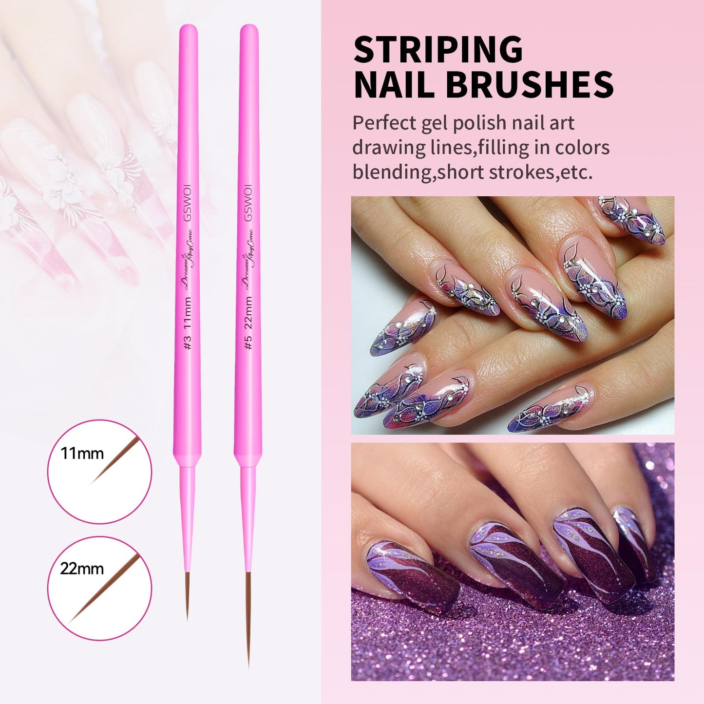Nail Brush Set for Nail Art Liner Brushes,GSWOI 5Pcs Thin Liner Striping Brush for Nails Gel Polish Painting Designs Elongated Lines -Sizes 7/9/11/15/22mm(Green)