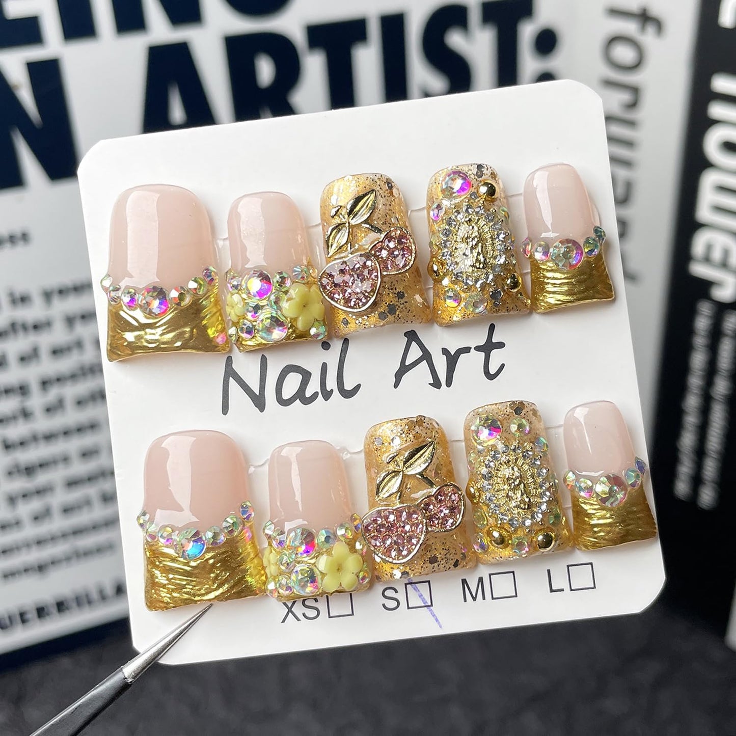 10 Pcs French Tip Press on Nails Duck Medium Handmade Fake Nails with Glue,Full Cover 3D Cherry Flower Luxury Rhinestone Pattern Design False Nails Artificial Acrylic Glue on Nail for Women (Size S）
