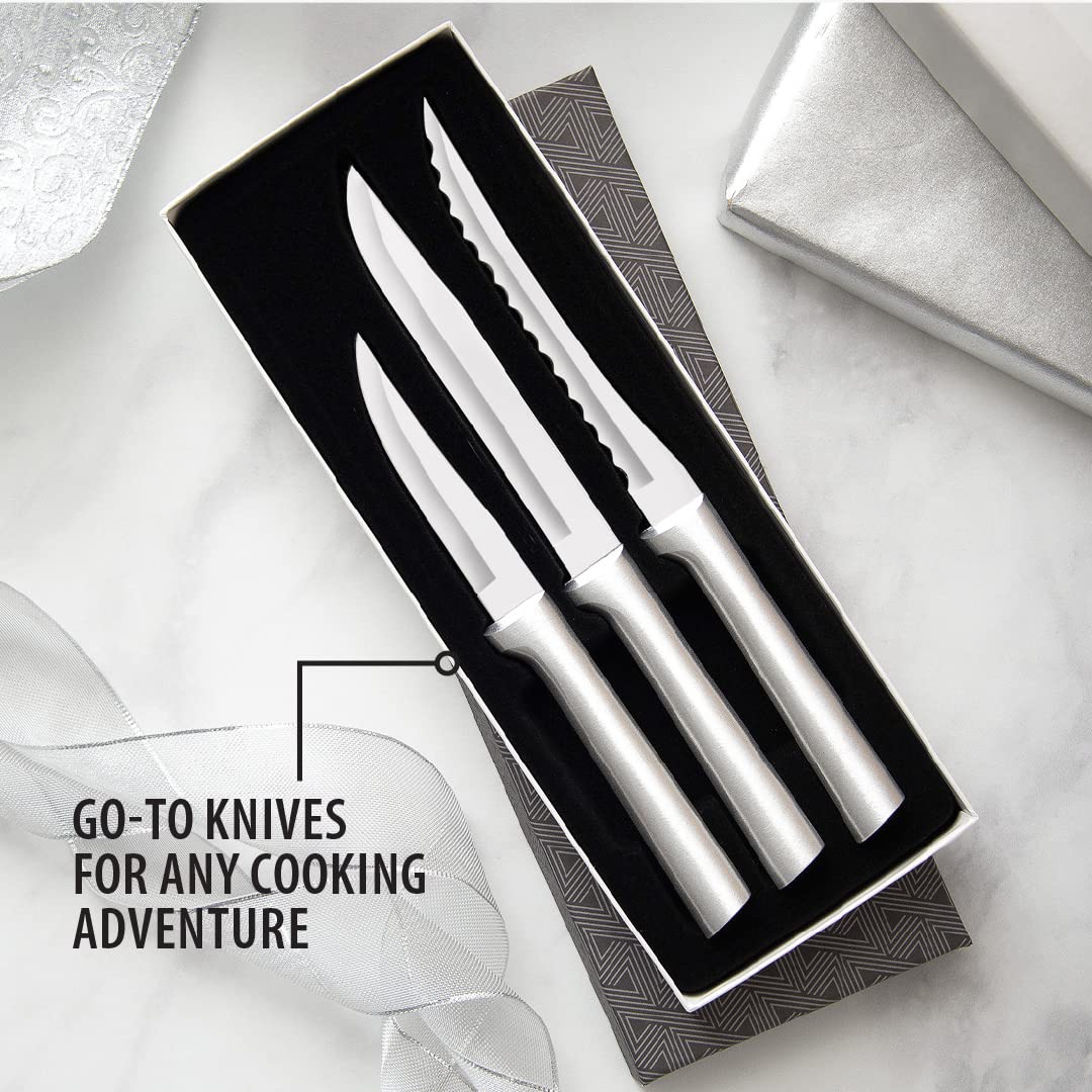 Rada Cutlery Cooking Essentials Gift Set (S49), 3-Piece Knife Set with Quick Edge Sharpener (R119), Stainless Steel Blades, Silver Handle