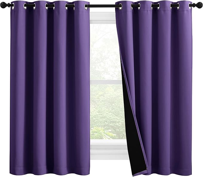 NICETOWN 100% Blackout Curtains with Black Liners, Thermal Insulated Full Blackout 2-Layer Lined Drapes, Noise Cancellation Window Draperies for Dining Room (Lilac Purple, 2 Panels, 55" W by 57" L)