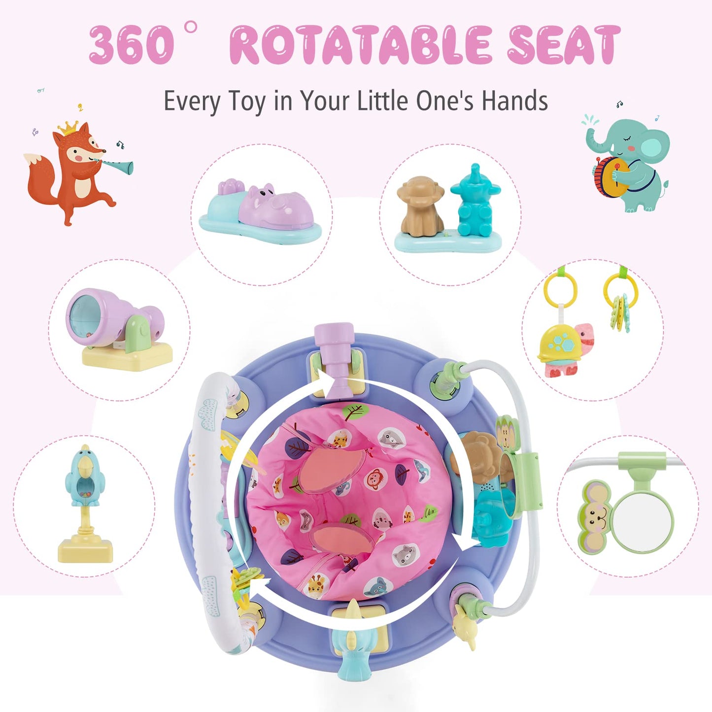 BABY JOY Baby Bouncer Activity Center, 3 in 1 Activity Center & Table | Infant Play Mat, Bouncing Activity Saucer w/Music, 3 Adjustable Height, 360° Seat for Babies 0-24 Months (Pink)