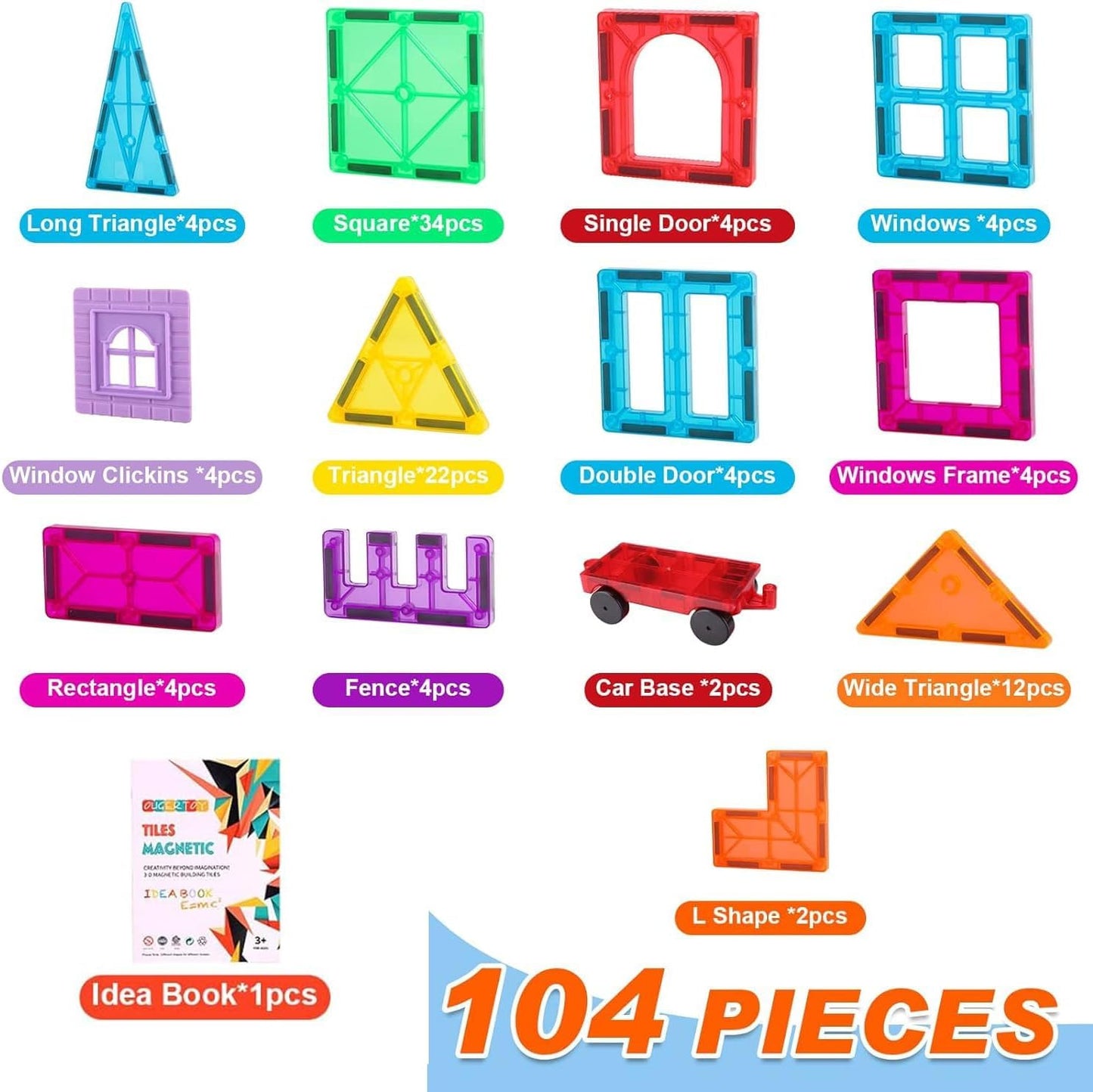 OugerToy 104PCS Magnetic Tiles STEM Building Blocks for Kids Ages 3-9, Educational Stacking Toys with Car Bases, Creative Construction Gift for Boys Girls