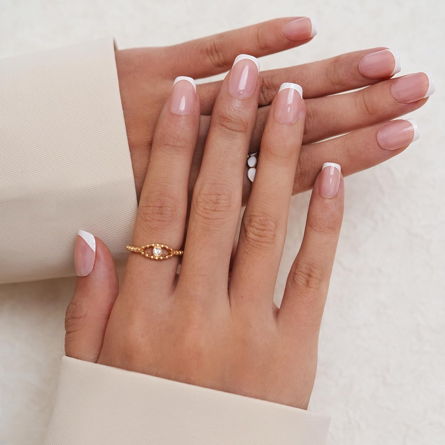 ESLALA French Tip Press On Nails, Short Squoval Fake Nails,Glossy Pink with White Tip Design, Reusable Stick On Fake Nails with Glue | 16 Sizes - 32 Nail Kit(01-Squoval French tip)