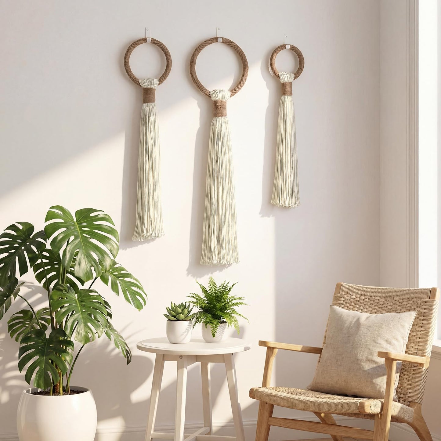 Tegeme 3-piece Macrame Wall Hanging Large Boho Wall Decor Set Extra Large Beige Boho Spherical Knot Tapestry with Long Fringe Handmade Cotton Yarn Art for Living Room Bedroom Nursery Dinning Room