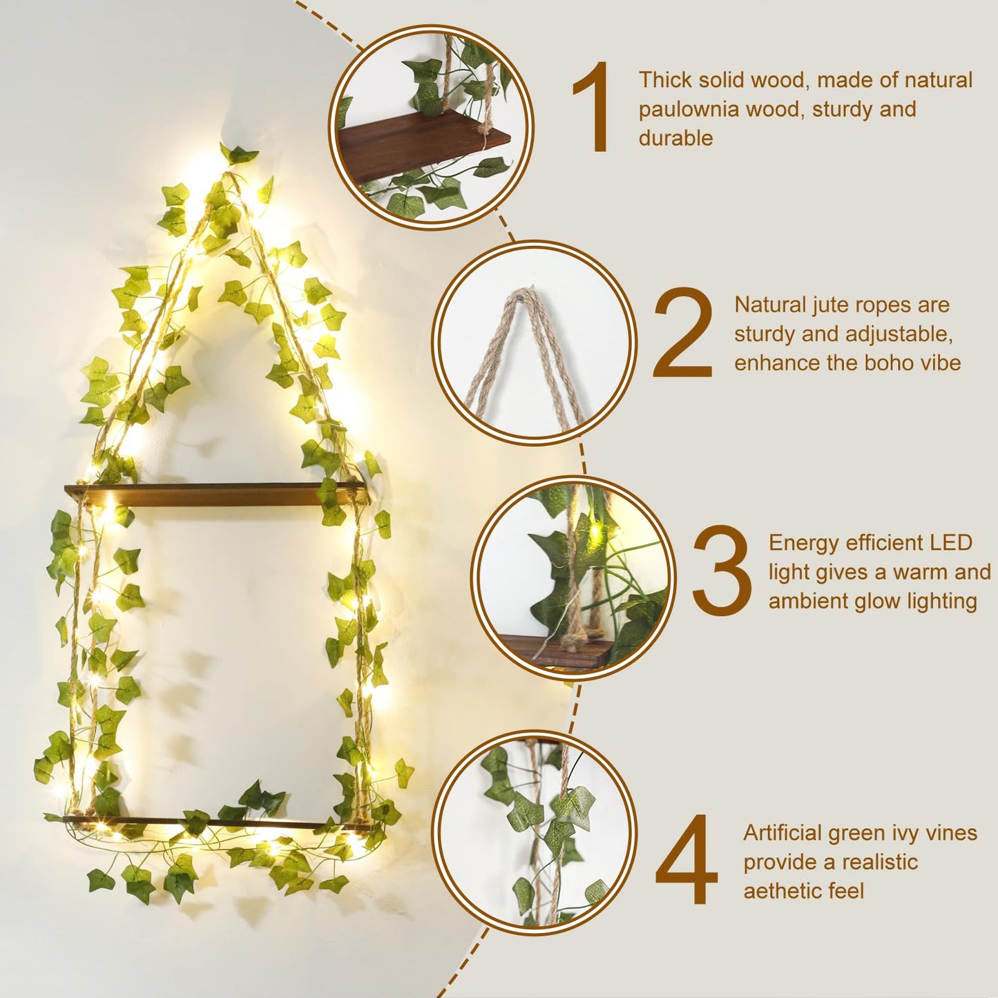 Artilady Artificial Ivy Macrame Hanging Shelves 3 Tier with Lights Boho Wall Decor, Rustic Wood Flaoting Shelf Plant Storage Rack for Bedroom Bathroom Living Room Nursery