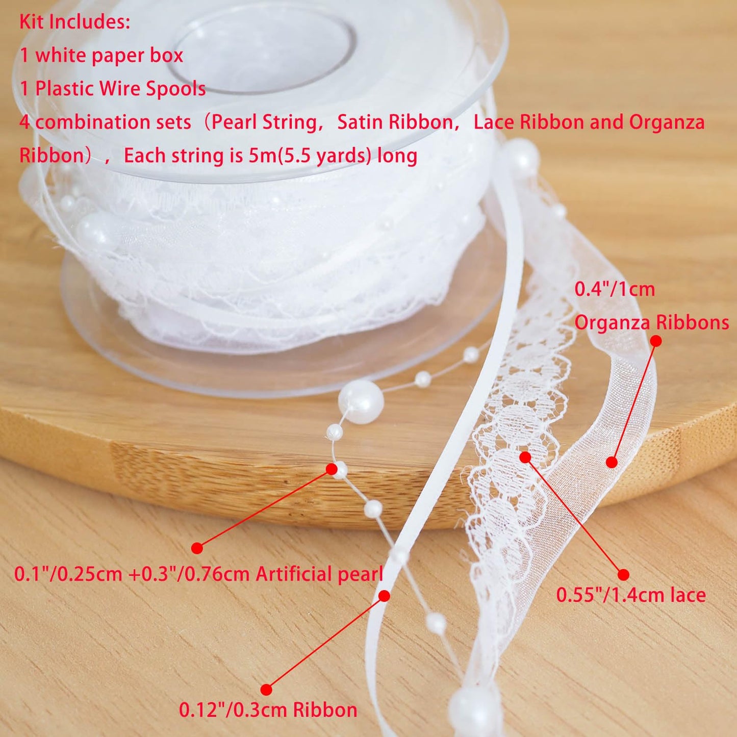 Youmeizer 5M /5.5 Yard 4-in-1 Pearl String Satin Ribbon Lace Organza for Wedding Flower Christmas Tree Decoration Sewing Craft Packaging (White)
