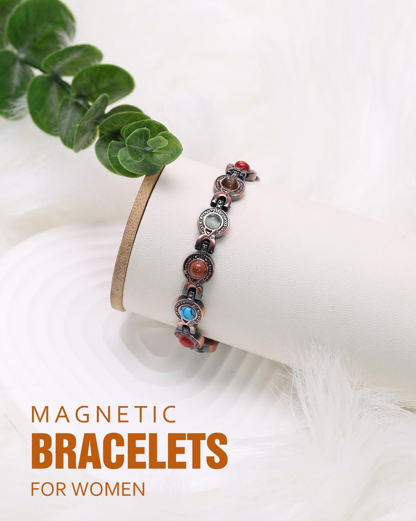 Jecanori Copper Bracelets for Women, Magnetic Bracelets for Women with 3800 Gauss Ultra Magnets and Sizing Tool, Elegant Round Gemstone