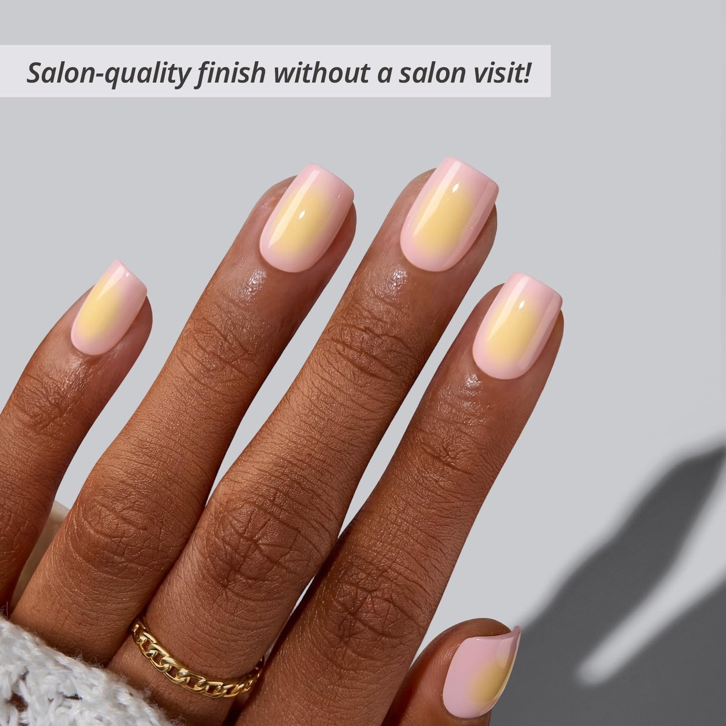 BTArtbox Press On Nails Short - Twilight Ease, Easy-to-Apply Pink and Yellow Square Press On Nails with Glue and Adhesive Tabs in 16 Sizes - 32 Nails All-in-One Kit