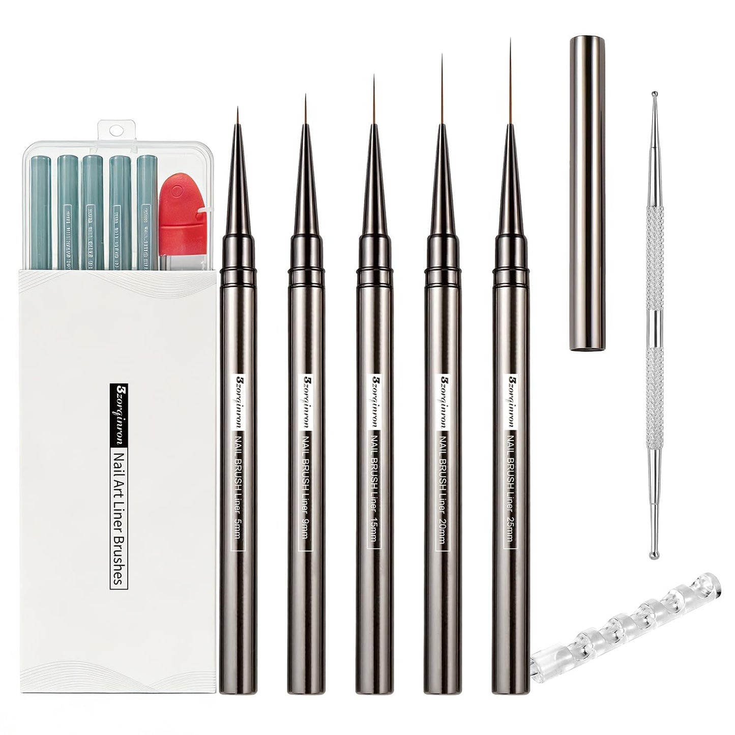 Nail Liner Brush, Fine Line Nail art Brushes 5/9/15/20/25mm Thin Line Nail Brushes Detail Drawing, Liner Brush for Nails Gel with PP Storage Box