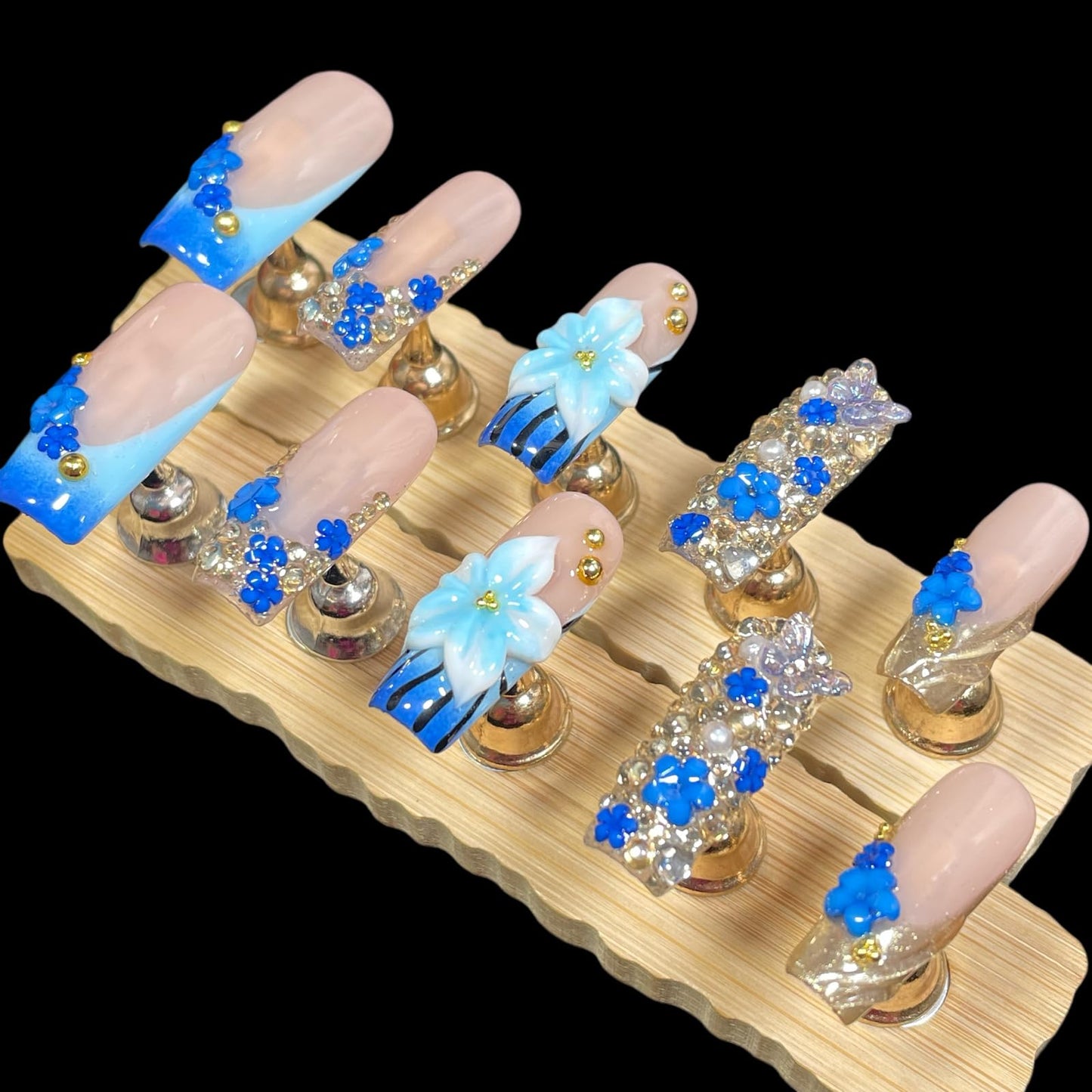 Handmade 3D Floral Press On Nails, Medium Long Square Shape, Blue Gradient with Rhinestones, Gold Beads, Reusable Acrylic False Nails (Blue enchantress, L)