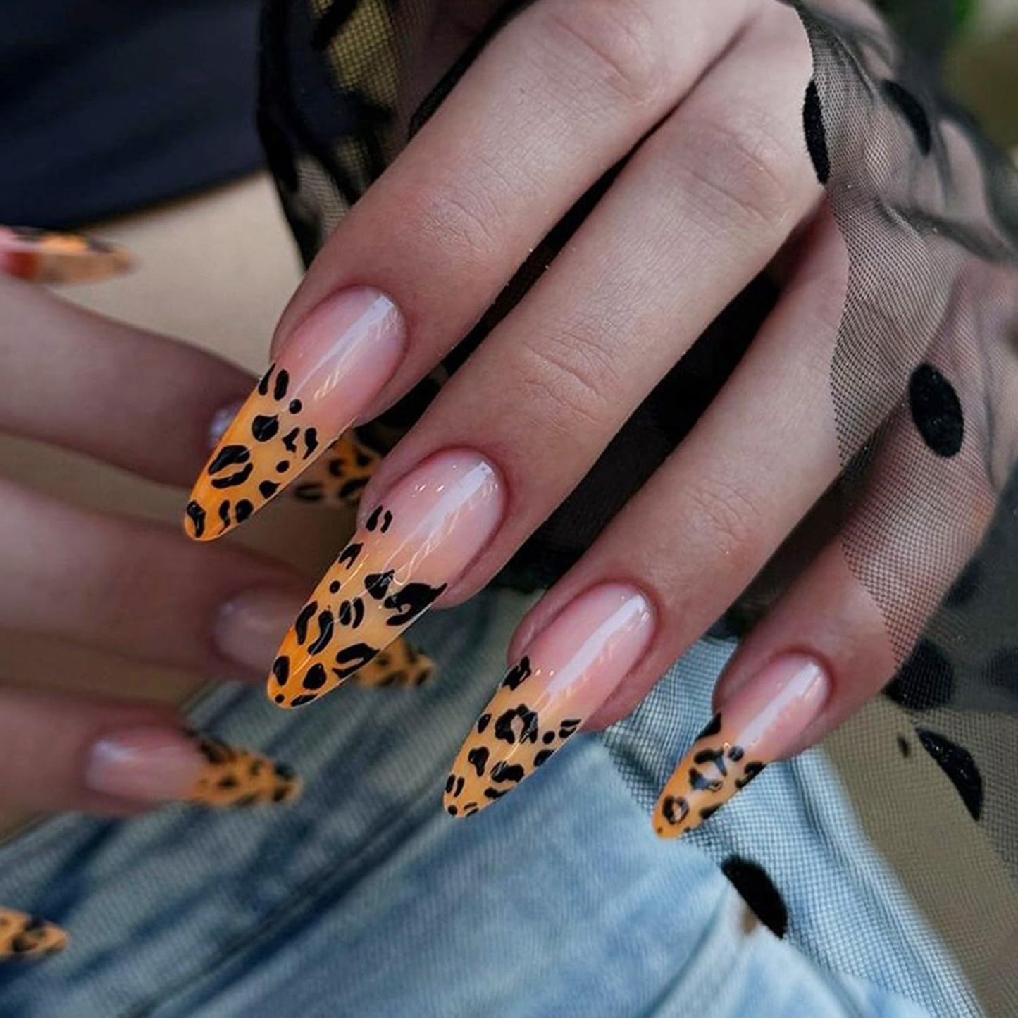 Stiletto Press On Nails Long Fake Nails Leopard Print With Gradient Design Reusable False Nail Artificial Acrylic Nail Full Cover Glossy Stick On Nail For Women 24pcs